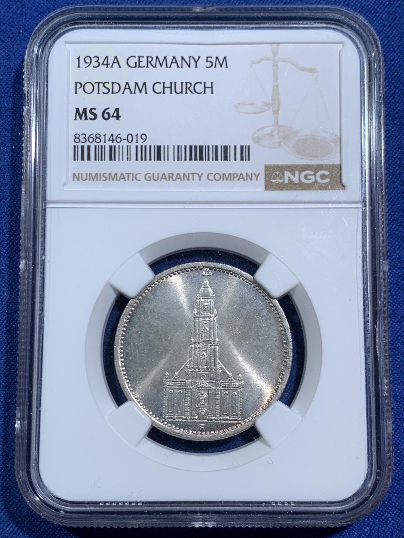 《竞宝斋》第464场 周日，周一，周二，3场连拍 （全场包邮）欢迎送拍 NGC MS64 德国 1934年 无日期版教堂5马克 柏林厂 冠军分！受限于工艺无字教堂马克上64分的极少