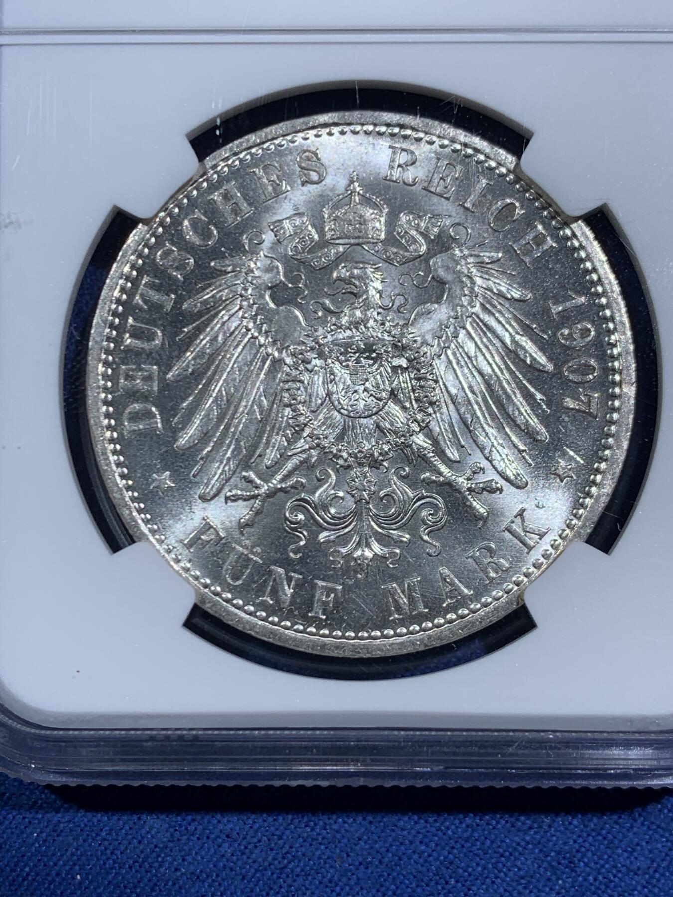 《竞宝斋》第464场 周日，周一，周二，3场连拍 （全场包邮）欢迎送拍 NGC MS63 德国 1907A 普鲁士 威廉二世皇帝 5马克 银币 好品相数量稀少，底板很美