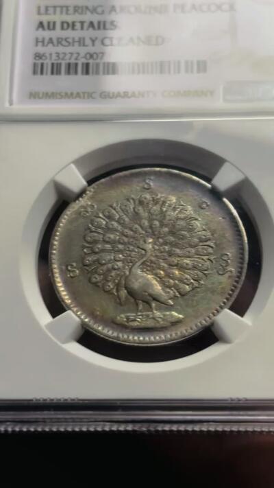 【金马踏春，泉马奔腾】2026 年新年贺岁场，（定于年初五接财神截拍）祝各位老板马到成功，马上有钱，愿岁岁平安喜乐顺遂 1852 年缅甸王朝孔雀银币，原光环彩七彩孔雀图美不胜收 NGC 评级 AUD，细节见图