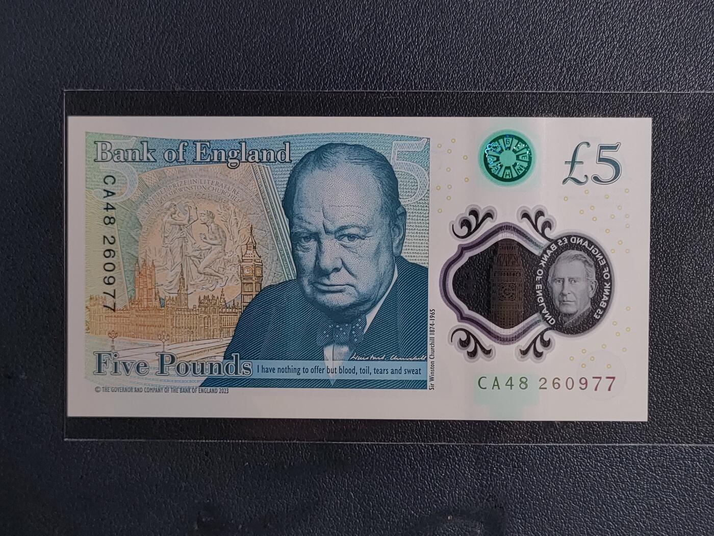 2024年版英国G系列5磅塑料钞 丘吉尔 欧洲钱币 全新UNC