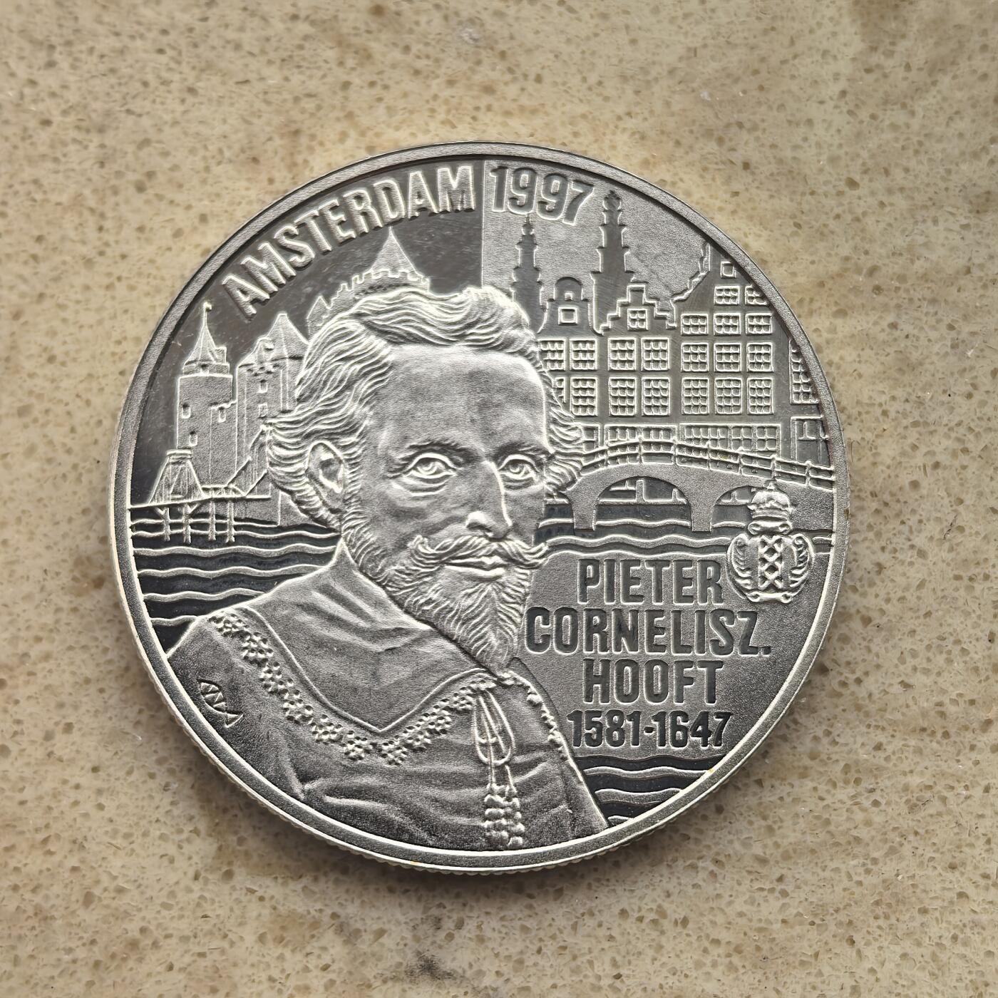 道一币馆币章第一百六十五场 荷兰1997著名诗人胡夫特逝世350周年20欧元银币  15g 800s