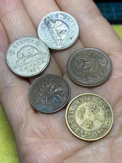 2026年第十八场(总第一百八十七场）外国好品散币场(免佣金) - 英属国家和地区5枚：加拿大🇨🇦1977年59年5分，40年1分，澳大利亚🇦🇺1976年2，中国🇨🇳香港1963年1毫