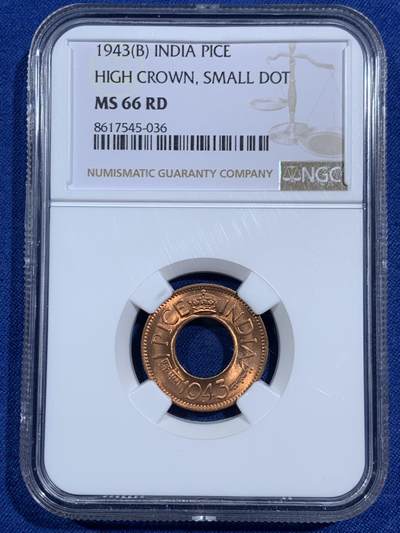 《竞宝斋》第464场 周日，周一，周二，3场连拍 （全场包邮）欢迎送拍 - NGC MS66RD 英属印度 1943年 1PICE 中孔铜币 亚军分