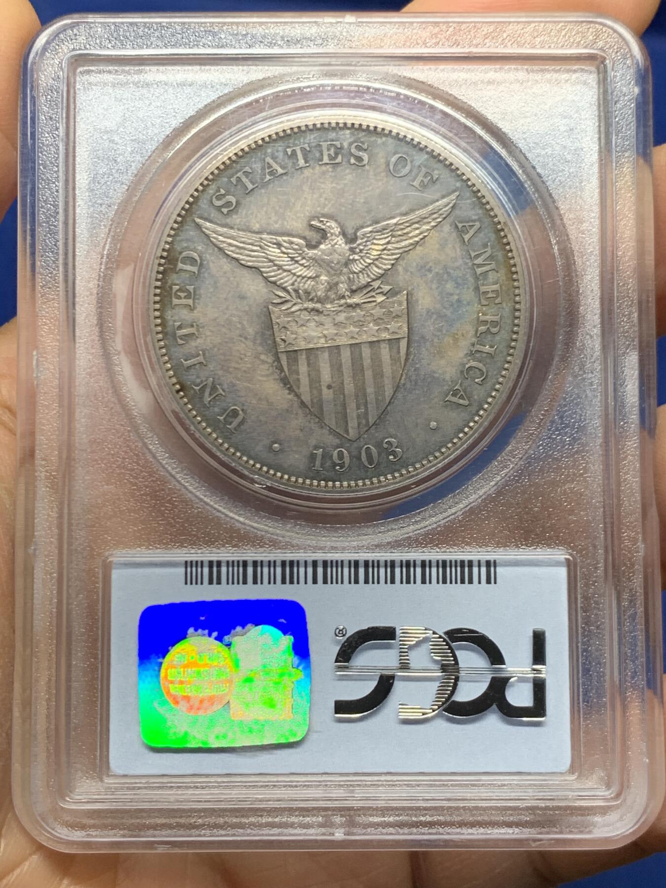 《竞宝斋》第464场 周日，周一，周二，3场连拍 （全场包邮）欢迎送拍 PCGS PR63 美属菲律宾1903年打铁女神1比索精制银币，精制大样，发行量2558枚，极少见的品种，同品种61分白币麦稀奇去年成交价含佣金7000左右