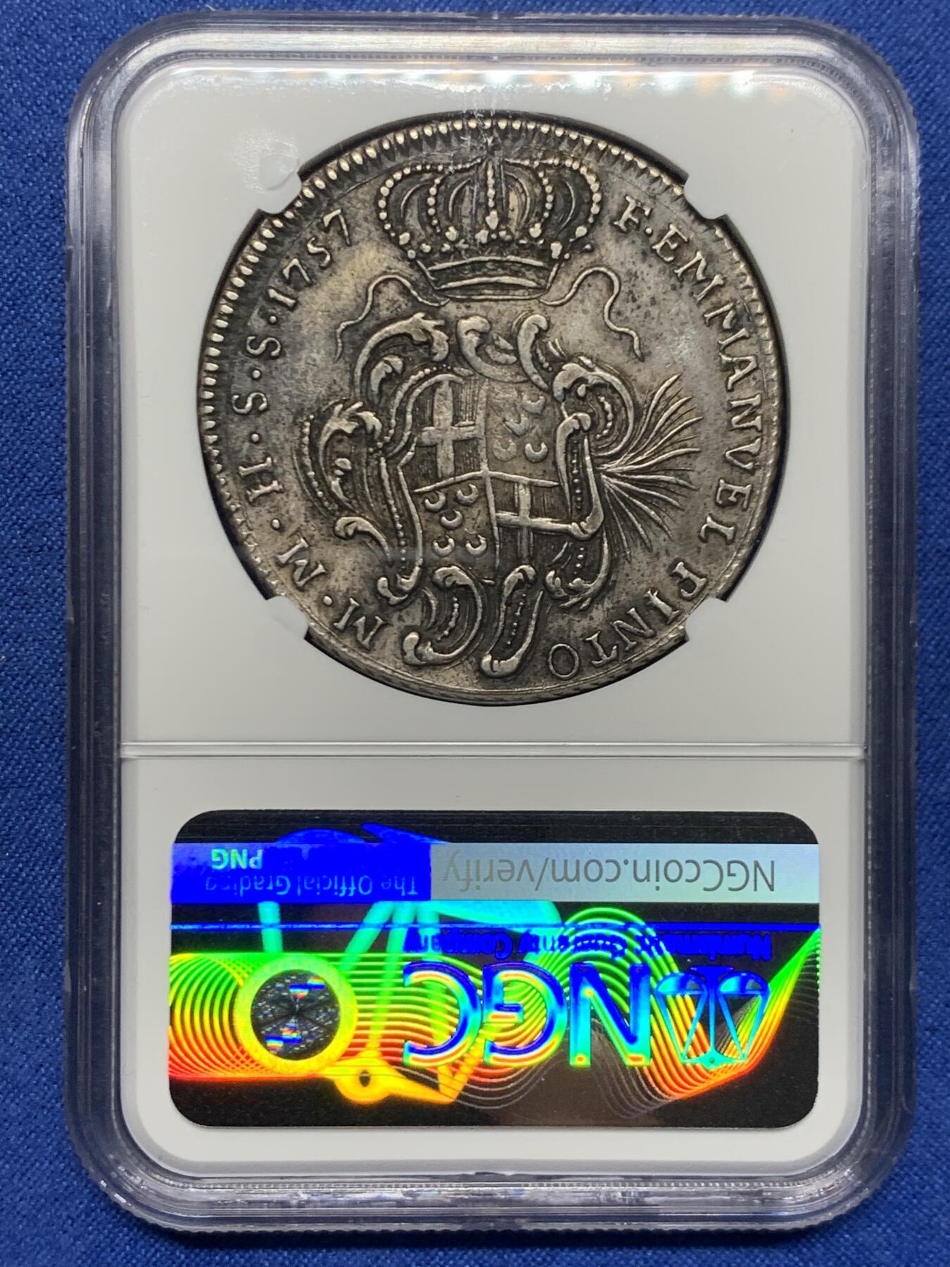 《竞宝斋》第464场 周日，周一，周二，3场连拍 （全场包邮）欢迎送拍 NGC XFD 马耳他骑士团（医院骑士团） 1757年 30塔里 银币 该类型最大面值  传世黑包浆 打制很好 稀少品种