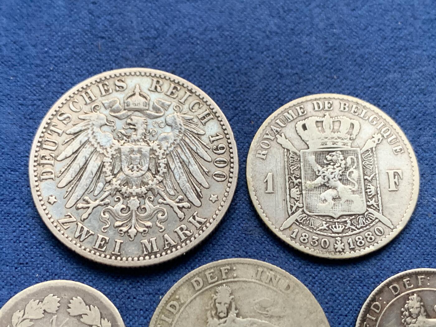 《竞宝斋》第464场 周日，周一，周二，3场连拍 （全场包邮）欢迎送拍 五枚一组 德国2马克+比利时1法郎+英国1先令+法国半法郎+英国6便士