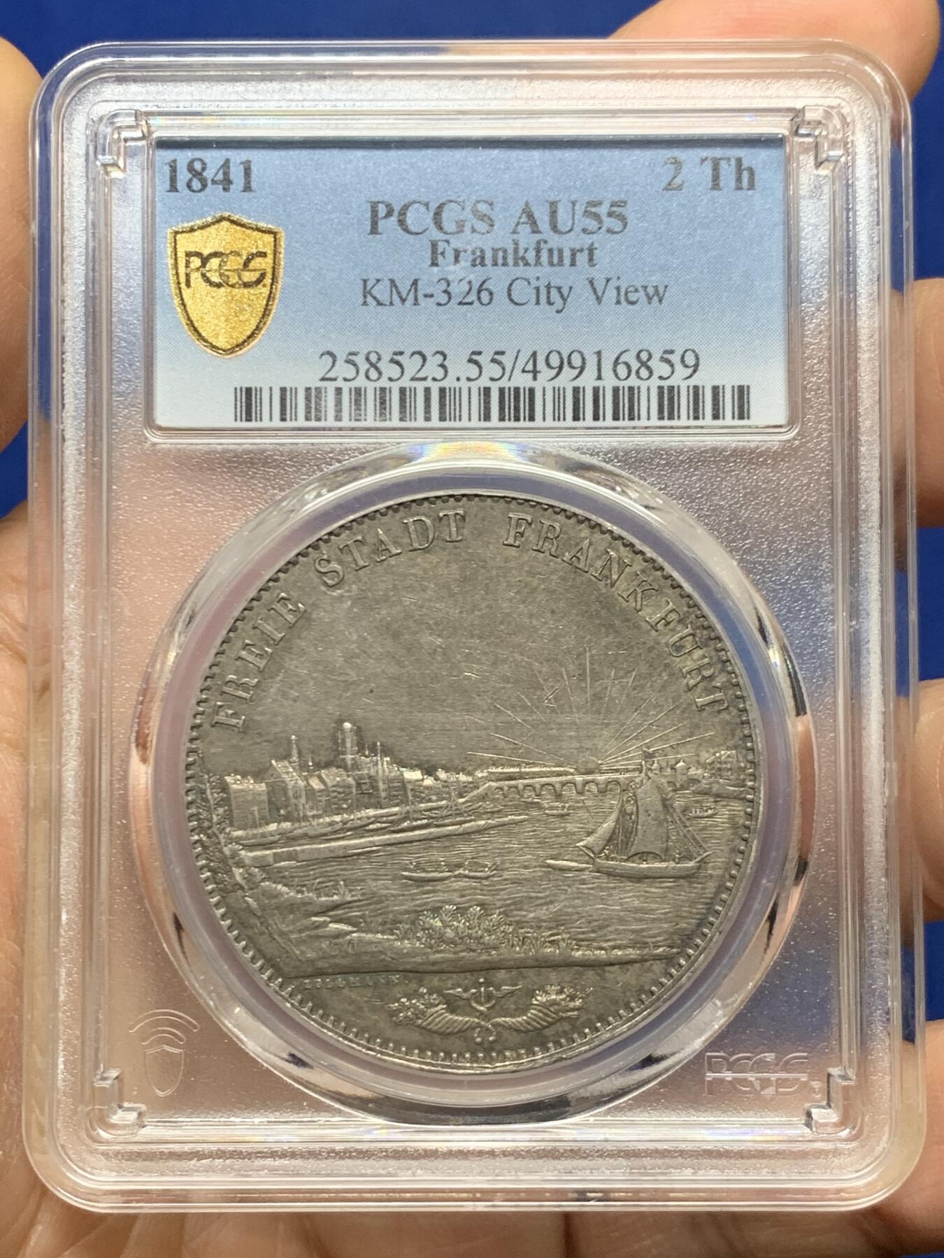 《竞宝斋》第464场 周日，周一，周二，3场连拍 （全场包邮）欢迎送拍 PCGS AU55 德国1841年法兰克福城市景观2泰勒大银币