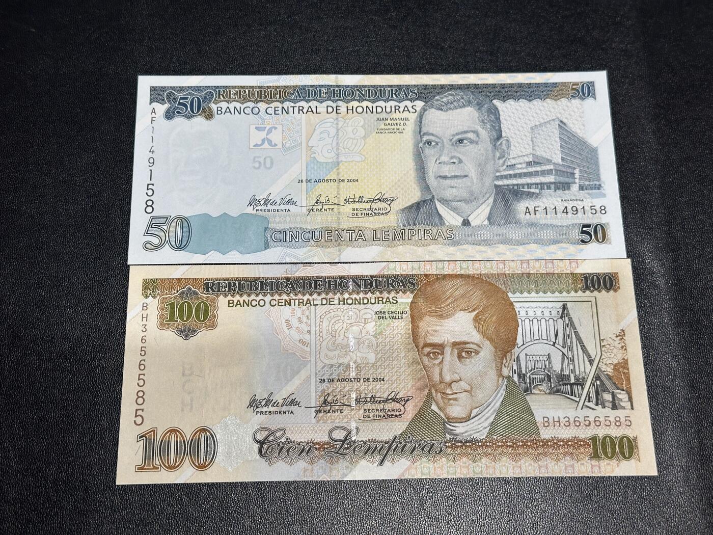 《外钞收藏家》第六百零七期（畅拍场）（本平台长期征集拍品、欢迎藏友们联系合作） 2004年洪都拉斯50和100面额 2张一起 全新UNC