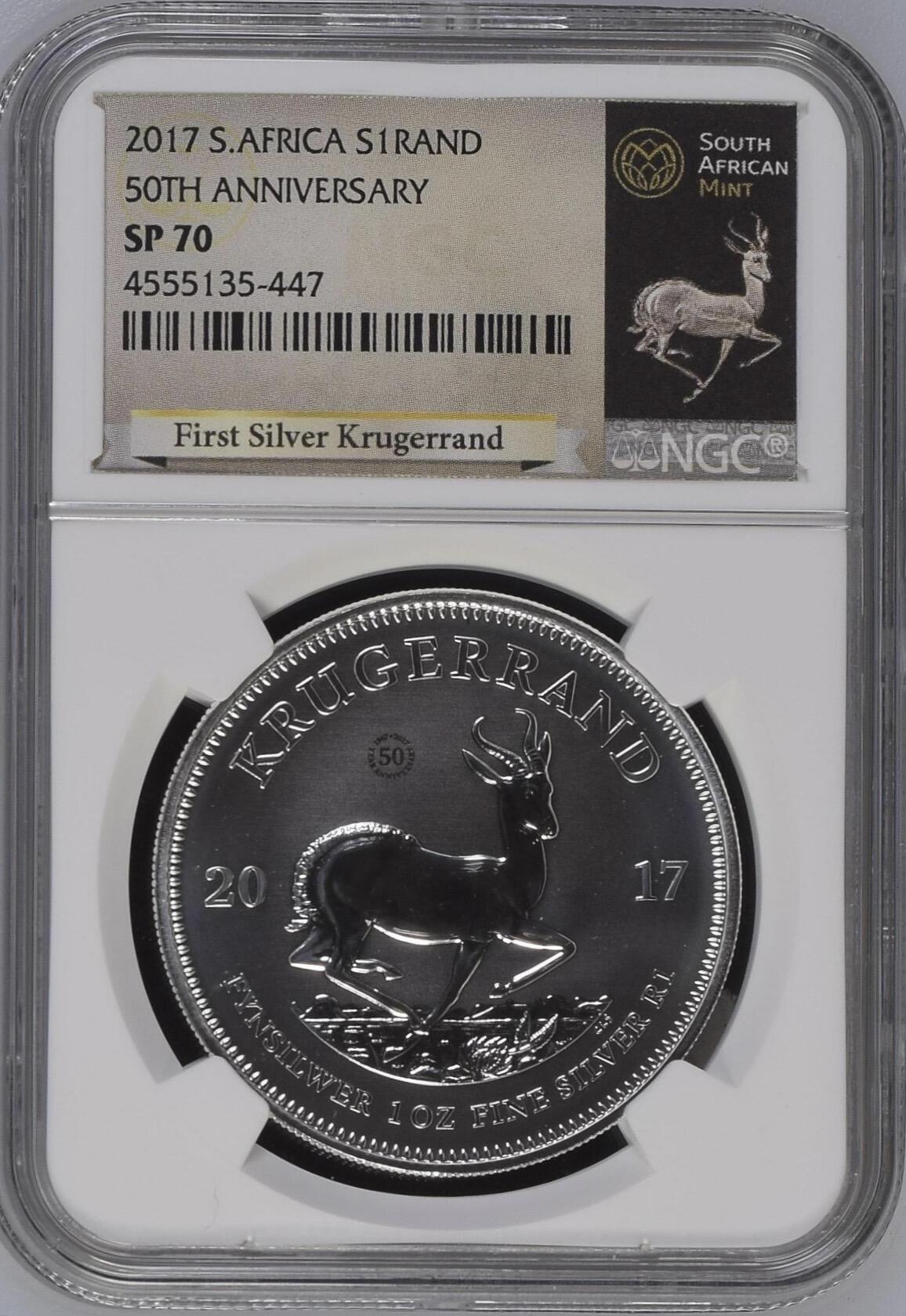 S&S Numismatic世界钱币-拍卖 第120期  南非2017年 南非克鲁格金币50周年 1兰特1盎司纪念银币 31.1克999银 NGC SP70冠军分 南非造币厂标签