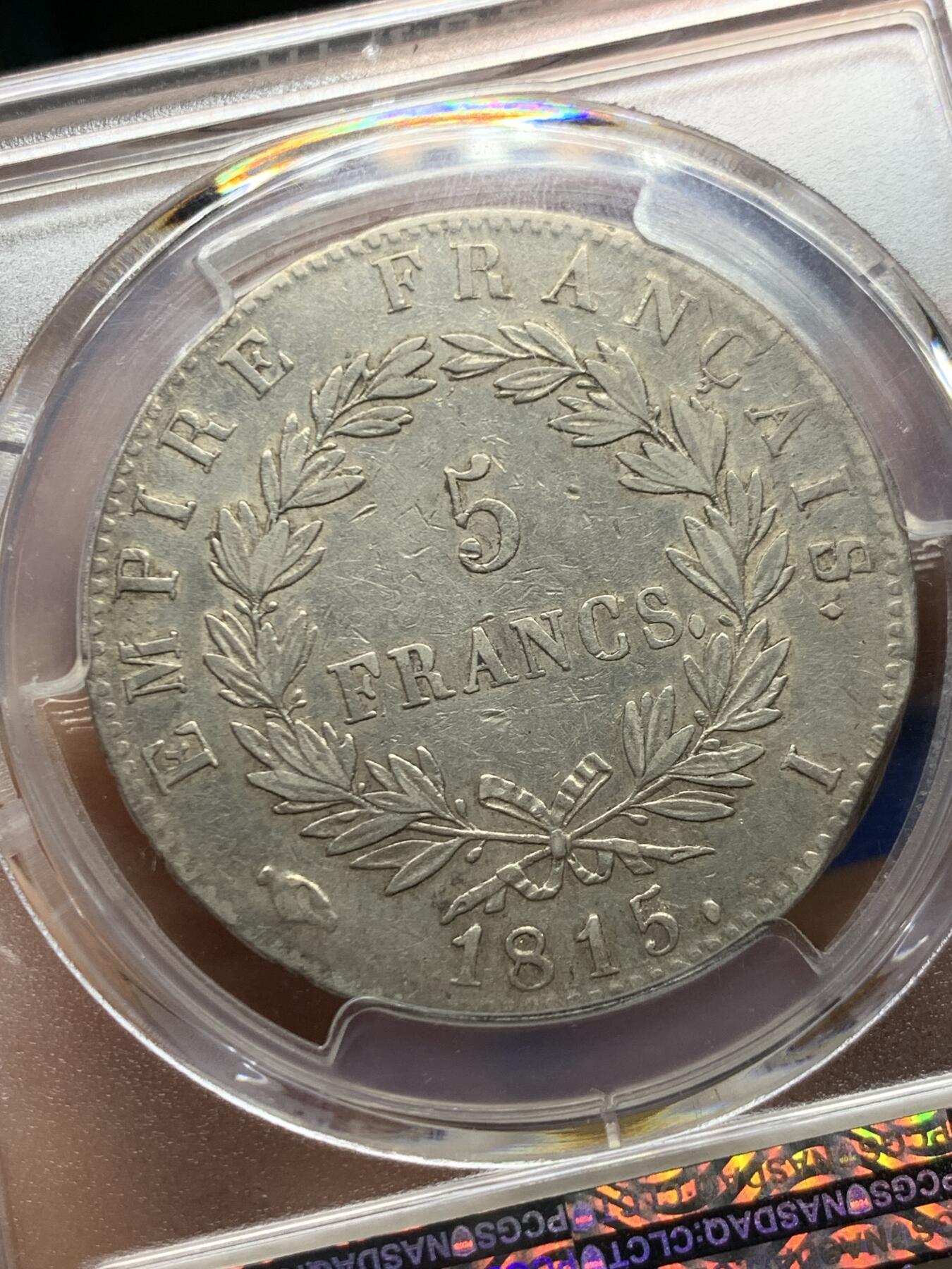 《竞宝斋》第464场 周日，周一，周二，3场连拍 （全场包邮）欢迎送拍 PCGS VFD 法国 1815年 拿破仑“白日王朝”5法郎银币 少见品种 持续上涨