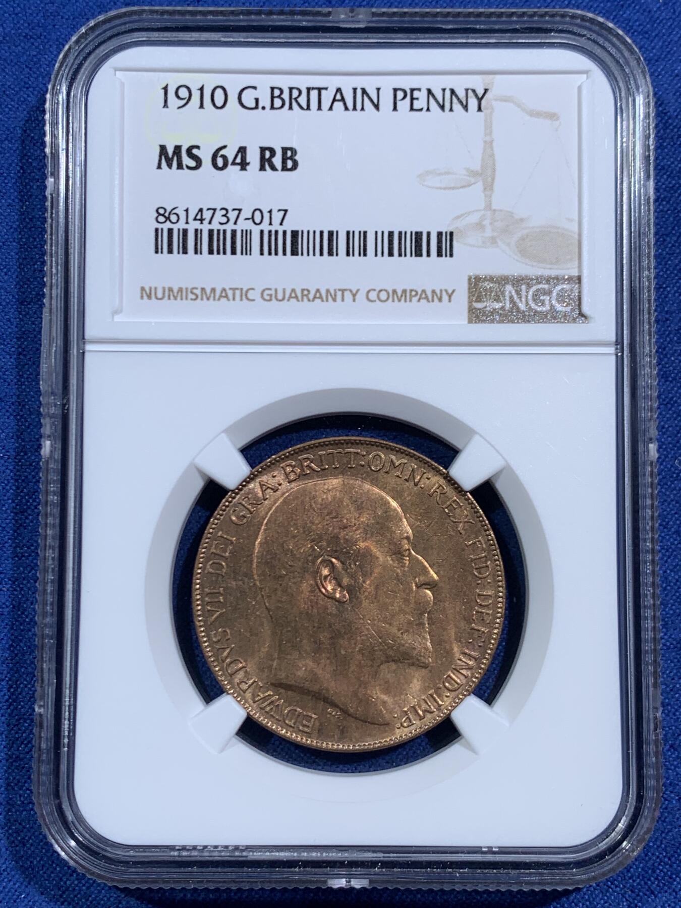 《竞宝斋》第464场 周日，周一，周二，3场连拍 （全场包邮）欢迎送拍 NGC MS64RB 英国1910年爱德华七世 1便士铜币。拍行的库存出品的几颗，想不通为什么不是red。。分数也尤为保守。送pc大概率是65red。