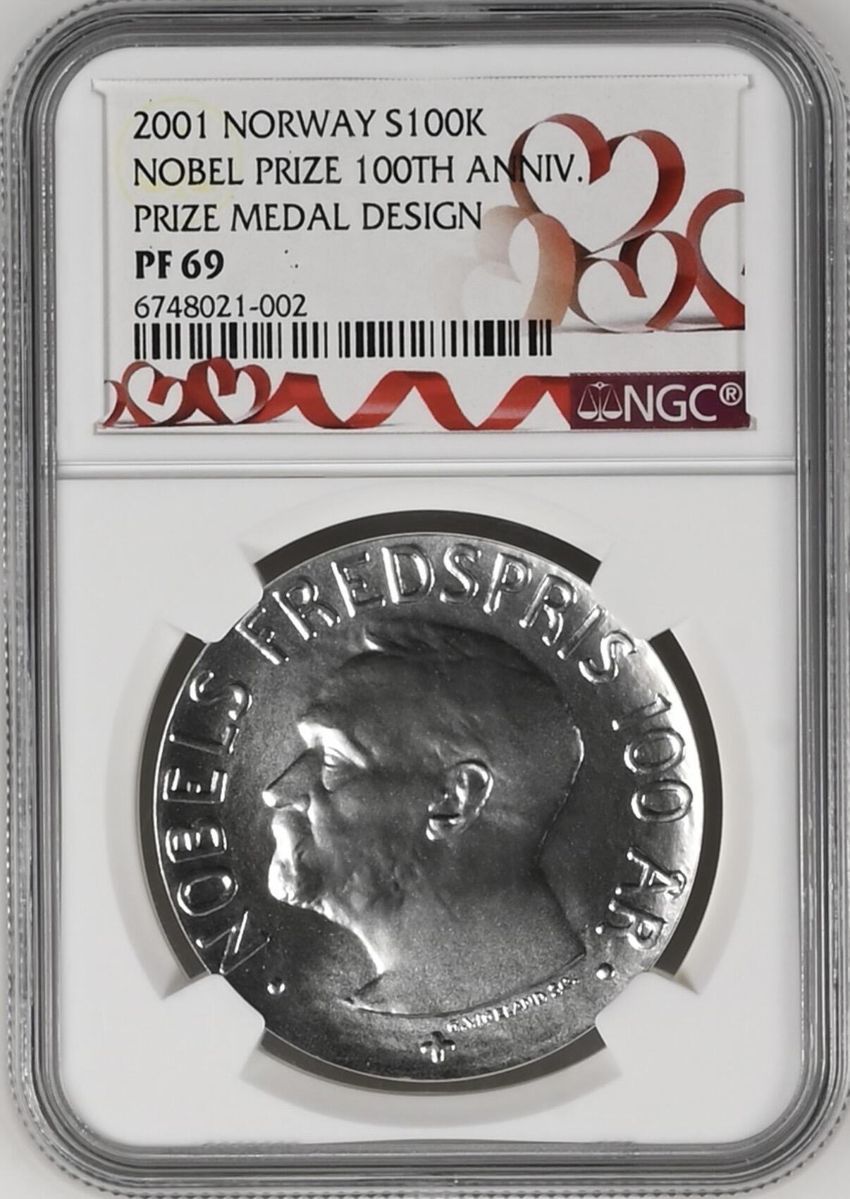 S&S Numismatic世界钱币-拍卖 第120期  挪威2001年 诺贝尔和平奖百年 100克朗精制纪念银币 33.6克925银 NGC PF69