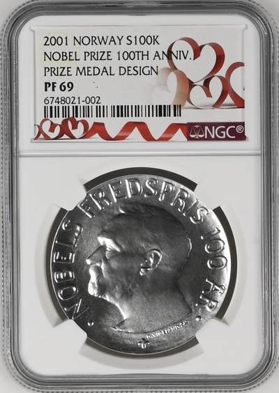 S&S Numismatic世界钱币-拍卖 第120期  - 挪威2001年 诺贝尔和平奖百年 100克朗精制纪念银币 33.6克925银 NGC PF69