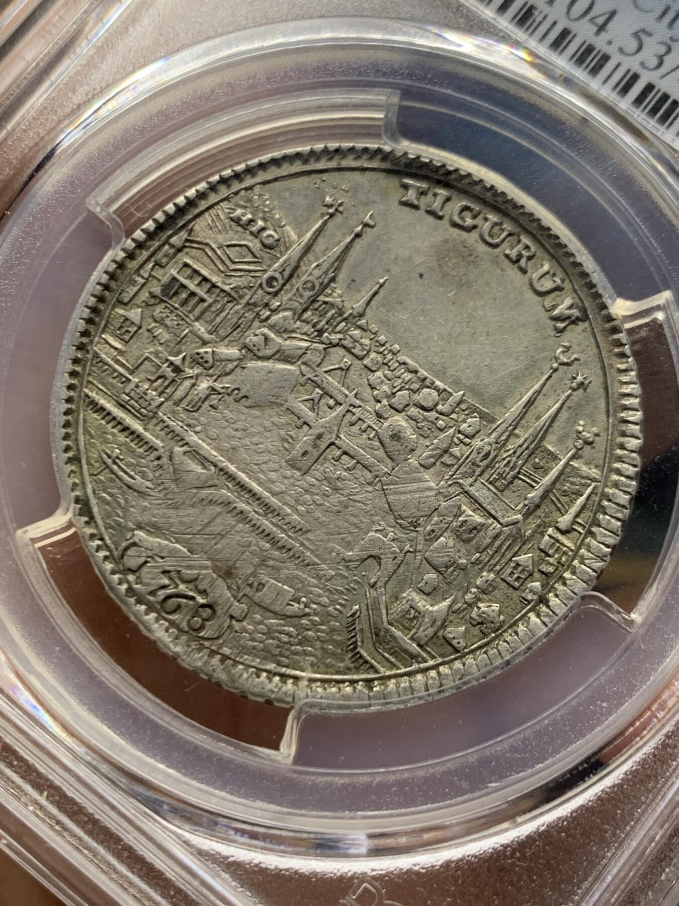 《竞宝斋》第464场 周日，周一，周二，3场连拍 （全场包邮）欢迎送拍 PCGS AU53 瑞士联邦1768年苏黎世城市景观1/2泰勒 瑞士景观泰勒名品之一 苏黎世城市象征雄狮持剑威武 原味好状态