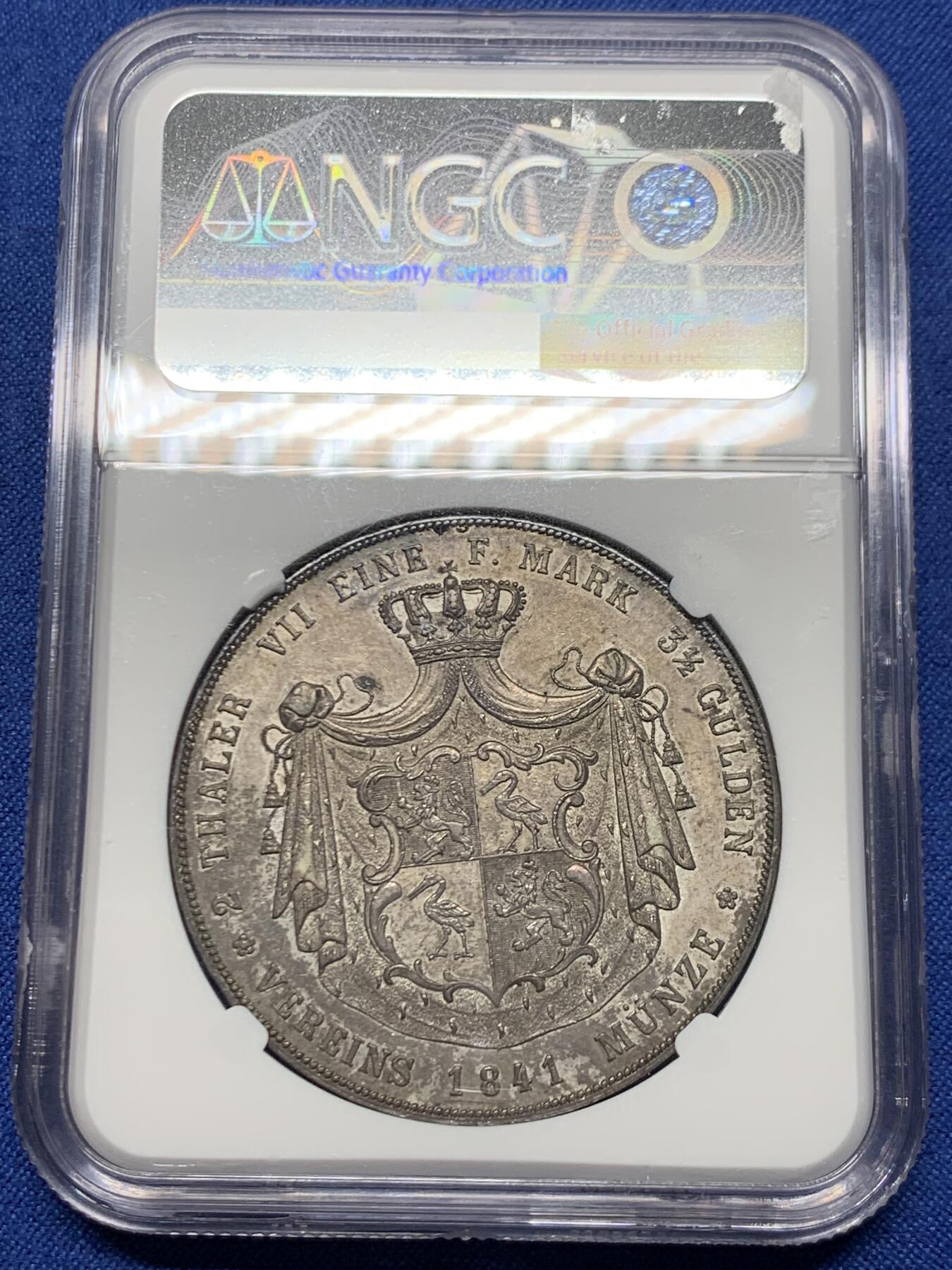 《竞宝斋》第464场 周日，周一，周二，3场连拍 （全场包邮）欢迎送拍 NGC AU58 德国 1841 罗斯流通纹章2泰勒37克大银币 深彩原味包浆限制了分数的想象 发行量仅有2400枚