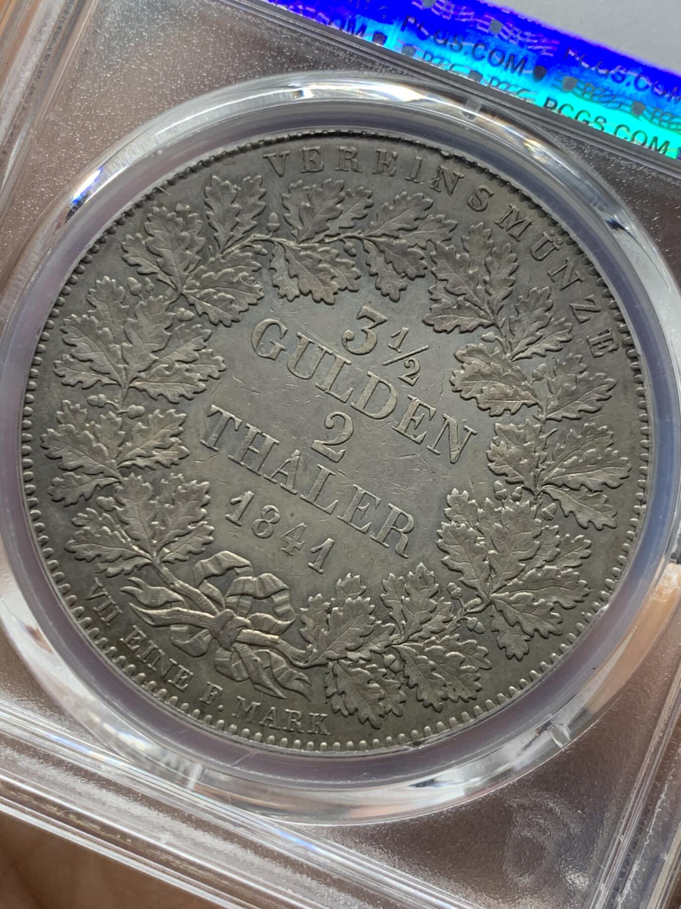 《竞宝斋》第464场 周日，周一，周二，3场连拍 （全场包邮）欢迎送拍 PCGS AU55 德国1841年法兰克福城市景观2泰勒大银币