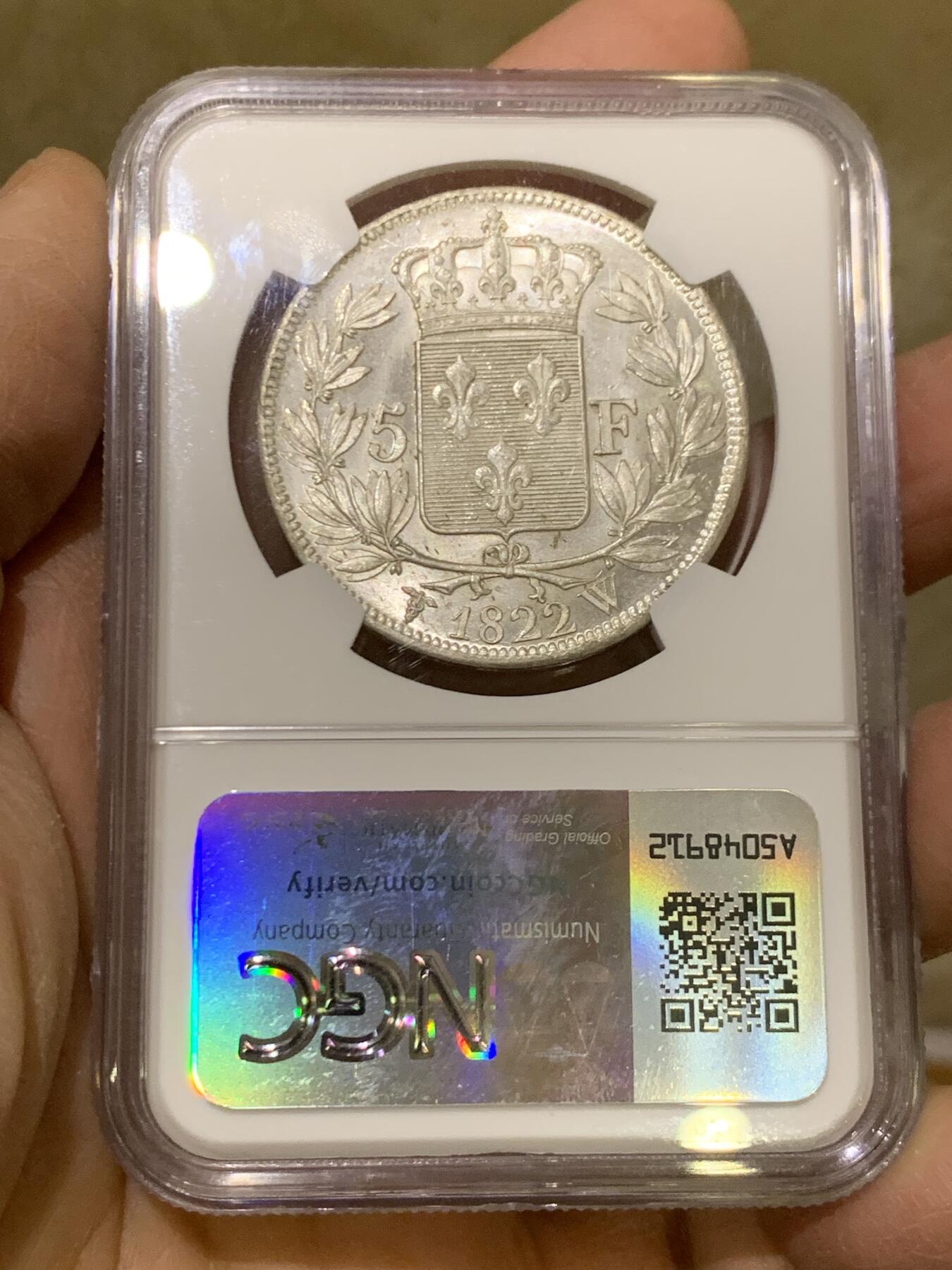 《竞宝斋》第464场 周日，周一，周二，3场连拍 （全场包邮）欢迎送拍 NGC MS62 法国1822年W厂路易十八5法郎银币，原色银光，里尔造币厂