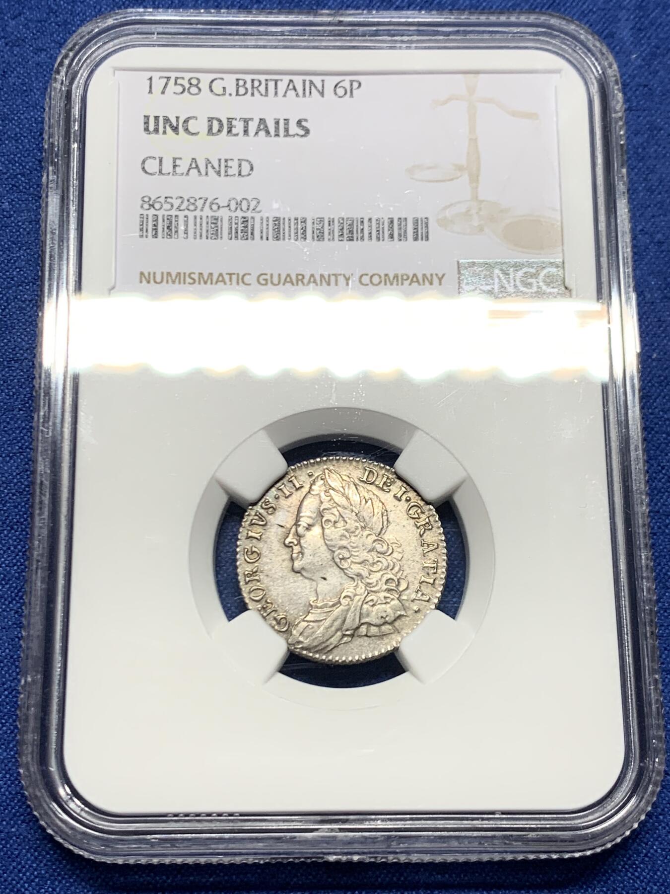 《竞宝斋》第464场 周日，周一，周二，3场连拍 （全场包邮）欢迎送拍 NGC UNCD 英国 1758年 乔治二世末年6便士银币 有分的状态 可重评