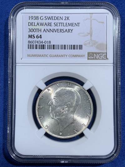 《竞宝斋》第464场 周日，周一，周二，3场连拍 （全场包邮）欢迎送拍 - NGC MS64 瑞典1938年殖民地定居点成立300周年2克朗银币