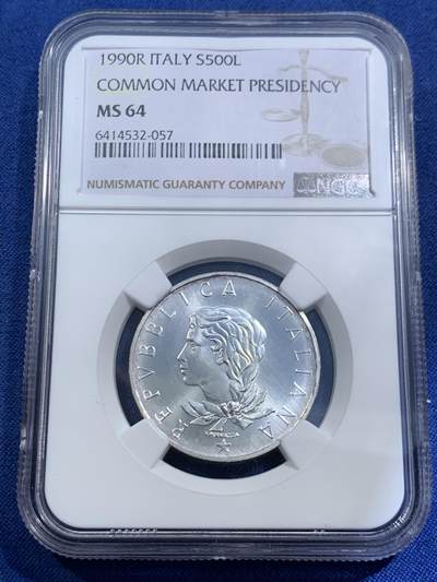 《竞宝斋》第464场 周日，周一，周二，3场连拍 （全场包邮）欢迎送拍 - NGC MS64 意大利1990年担任欧共体理事会轮值主席国500里拉银币