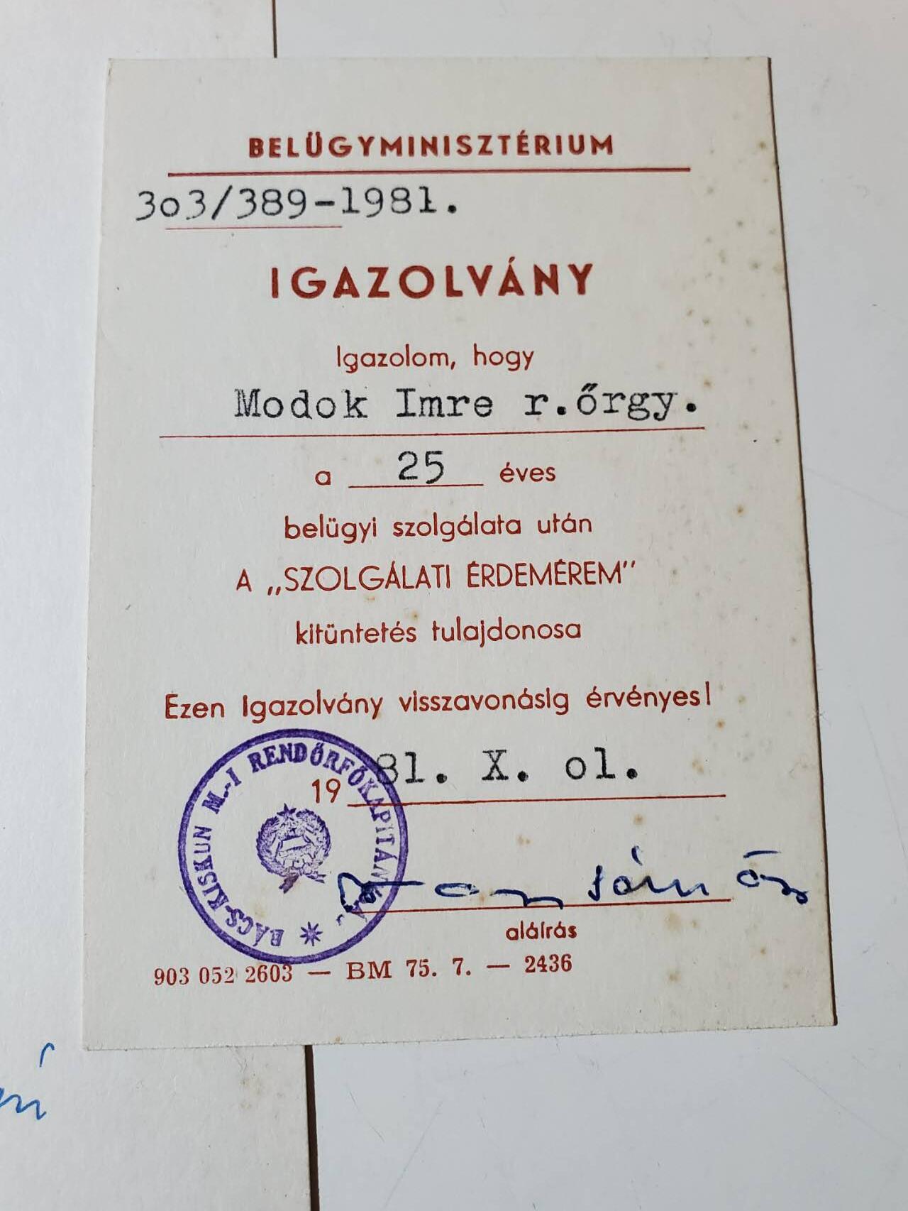 韵星假日军品类拍卖第三十九期暨默多克中校夫妇专场 -- Rimey Holidays Militaria Auction 39 & The Modoks Collection  匈牙利人民共和国默多克中校25年人民军忠诚服务奖章证书和佩戴证明+略