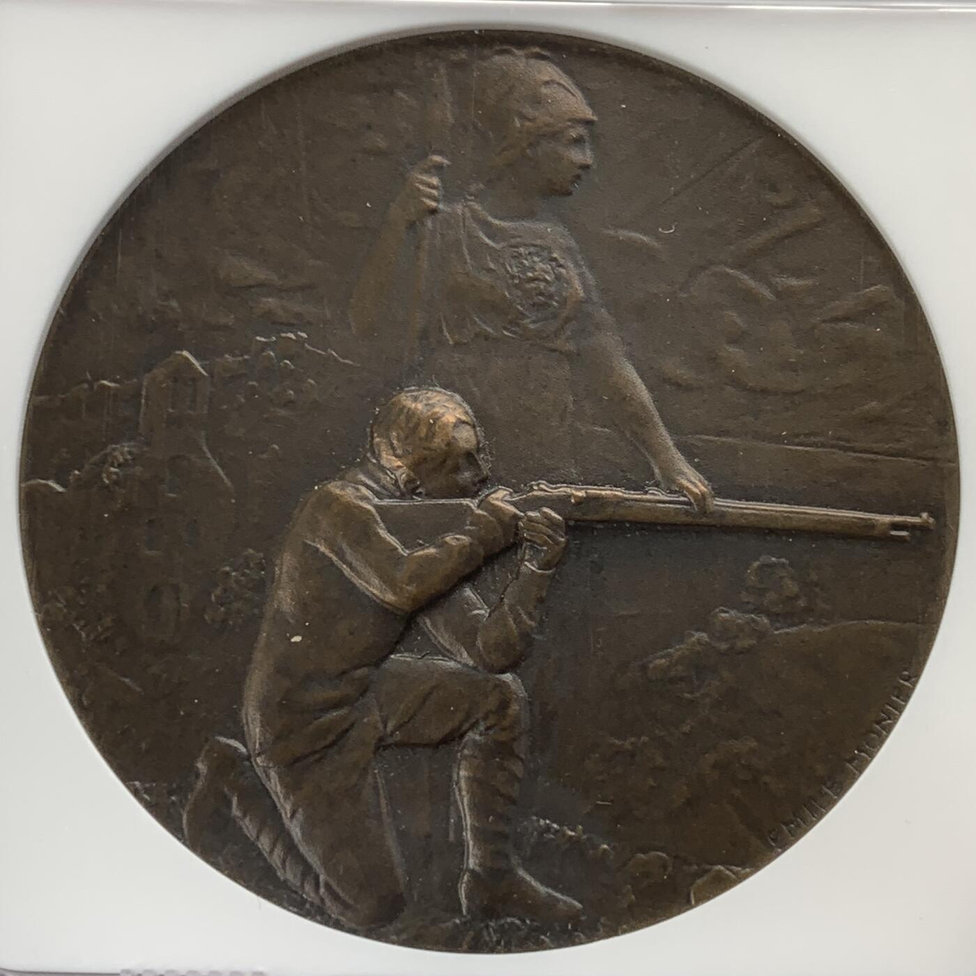 掌中浮雕-藏着的欧洲第052场 NGC MS62 : 1932年法国射击竞赛铜章，45mm