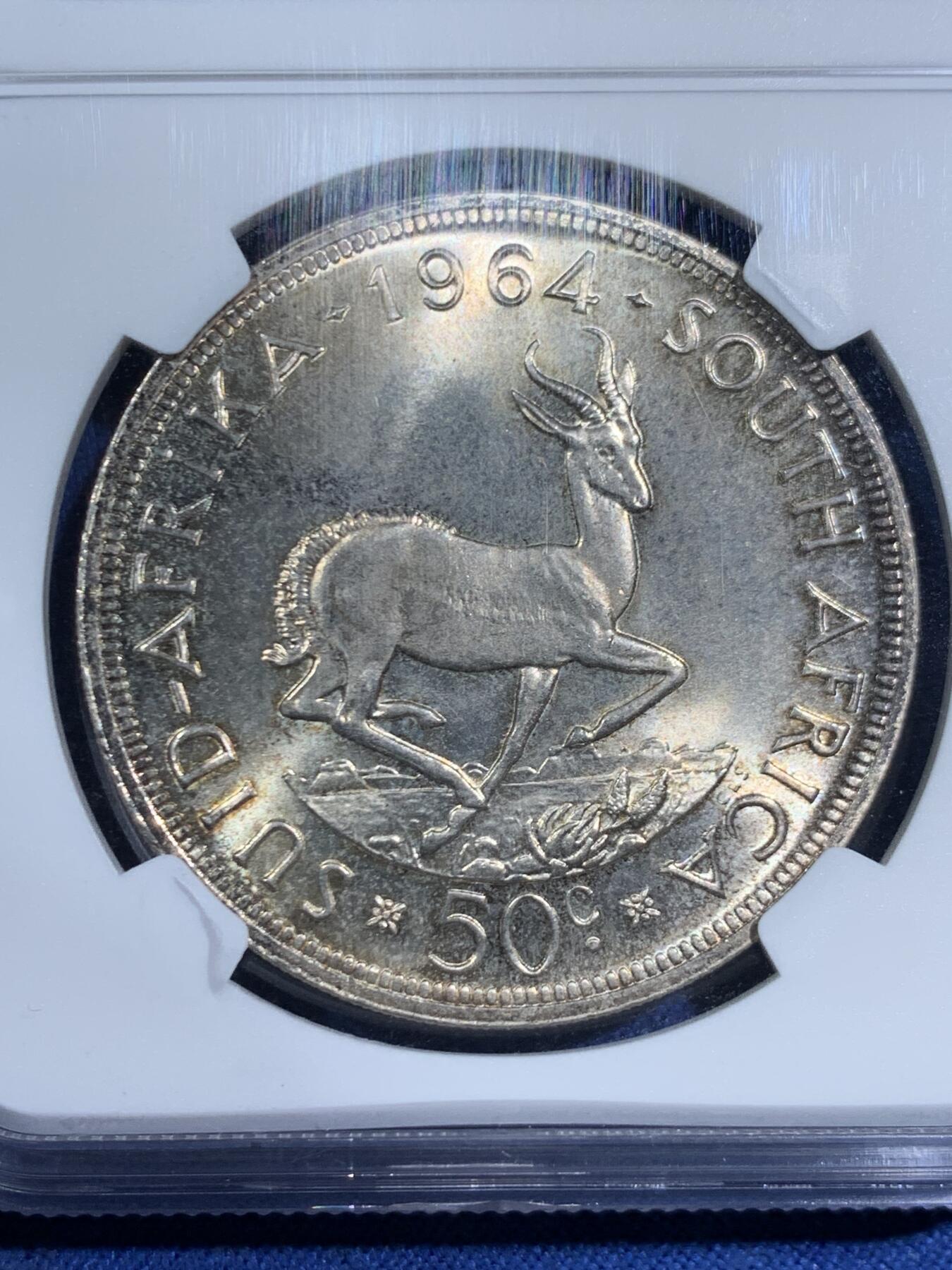 《竞宝斋》第464场 周日，周一，周二，3场连拍 （全场包邮）欢迎送拍 NGC MS65 南非1964年吕贝克跳羚羊50分大银币