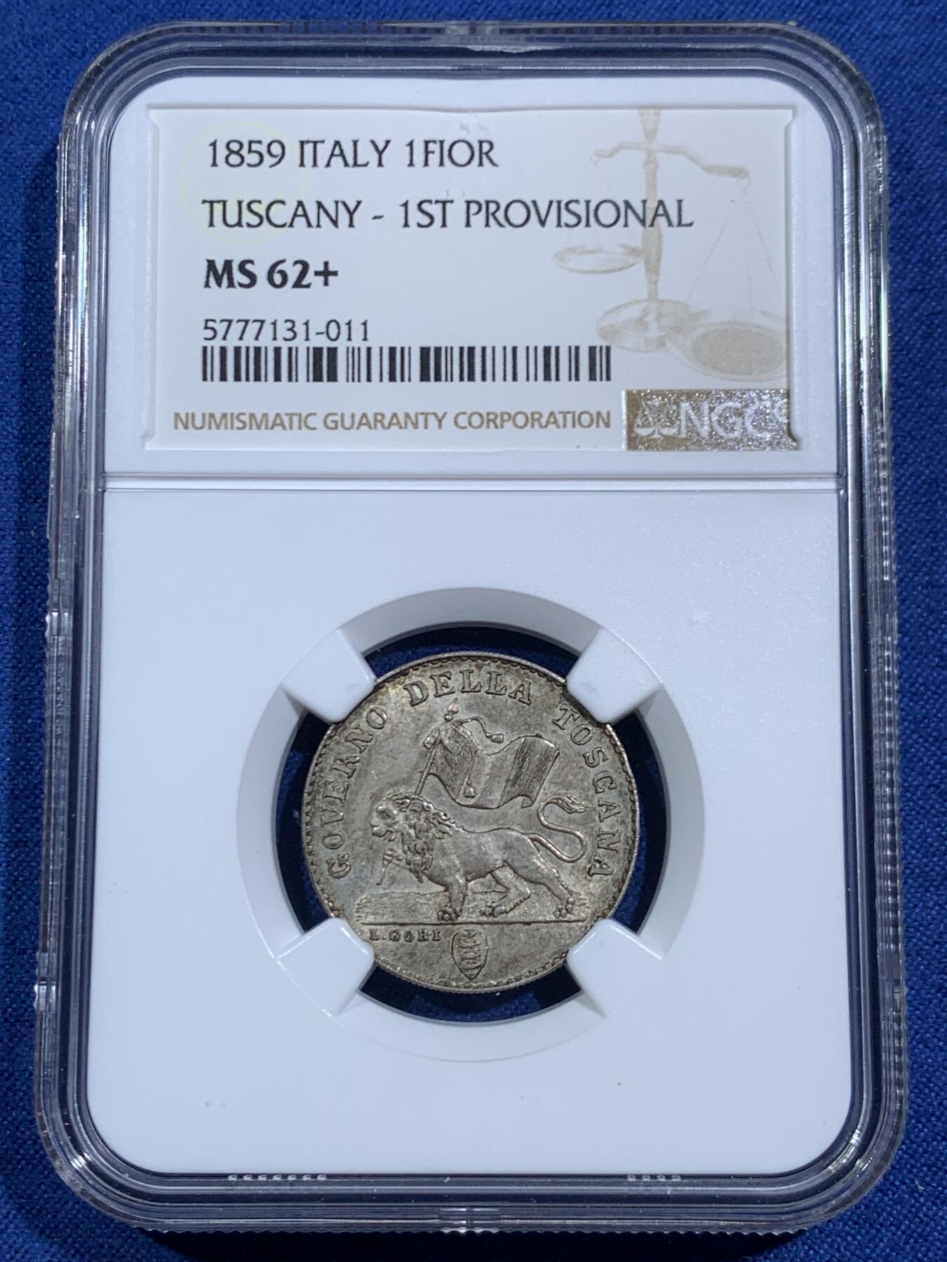 《竞宝斋》第464场 周日，周一，周二，3场连拍 （全场包邮）欢迎送拍 NGC MS62+意大利 1859 托斯卡纳1 forin 银币 临时政府发行的唯一银币