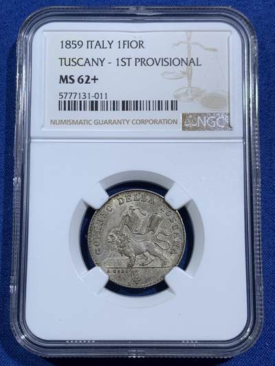 《竞宝斋》第464场 周日，周一，周二，3场连拍 （全场包邮）欢迎送拍 - NGC MS62+意大利 1859 托斯卡纳1 forin 银币 临时政府发行的唯一银币