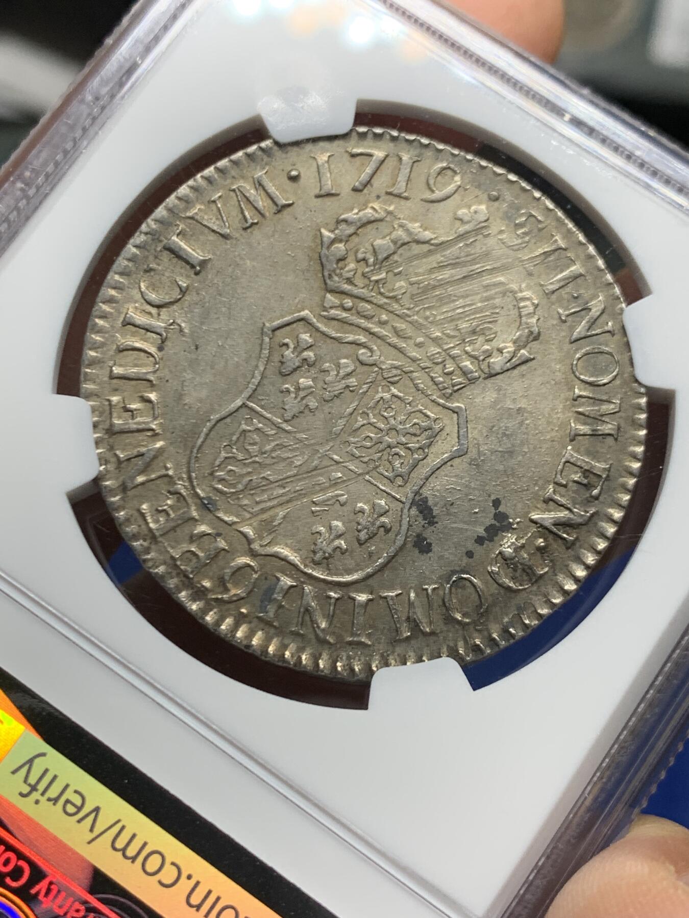 《竞宝斋》第464场 周日，周一，周二，3场连拍 （全场包邮）欢迎送拍 NGC UNC 法国1719年路易十五埃居 儿童版 9少见小厂RENNES铸造 稀有度R2 UNC未流通状态