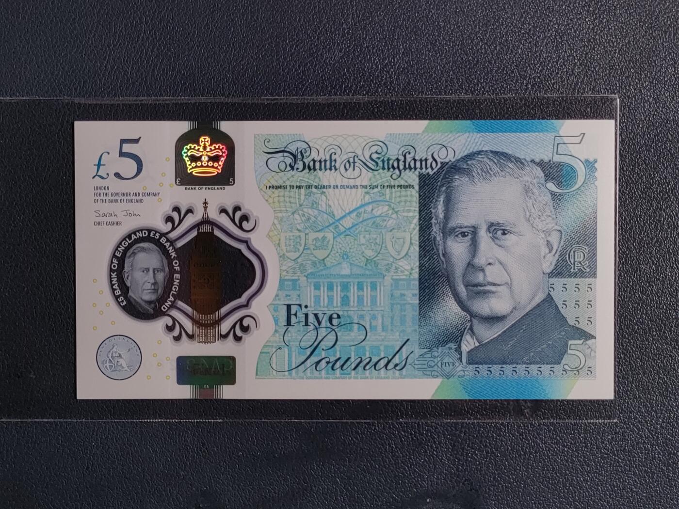 2024年版英国G系列5磅塑料钞 丘吉尔 欧洲钱币 全新UNC