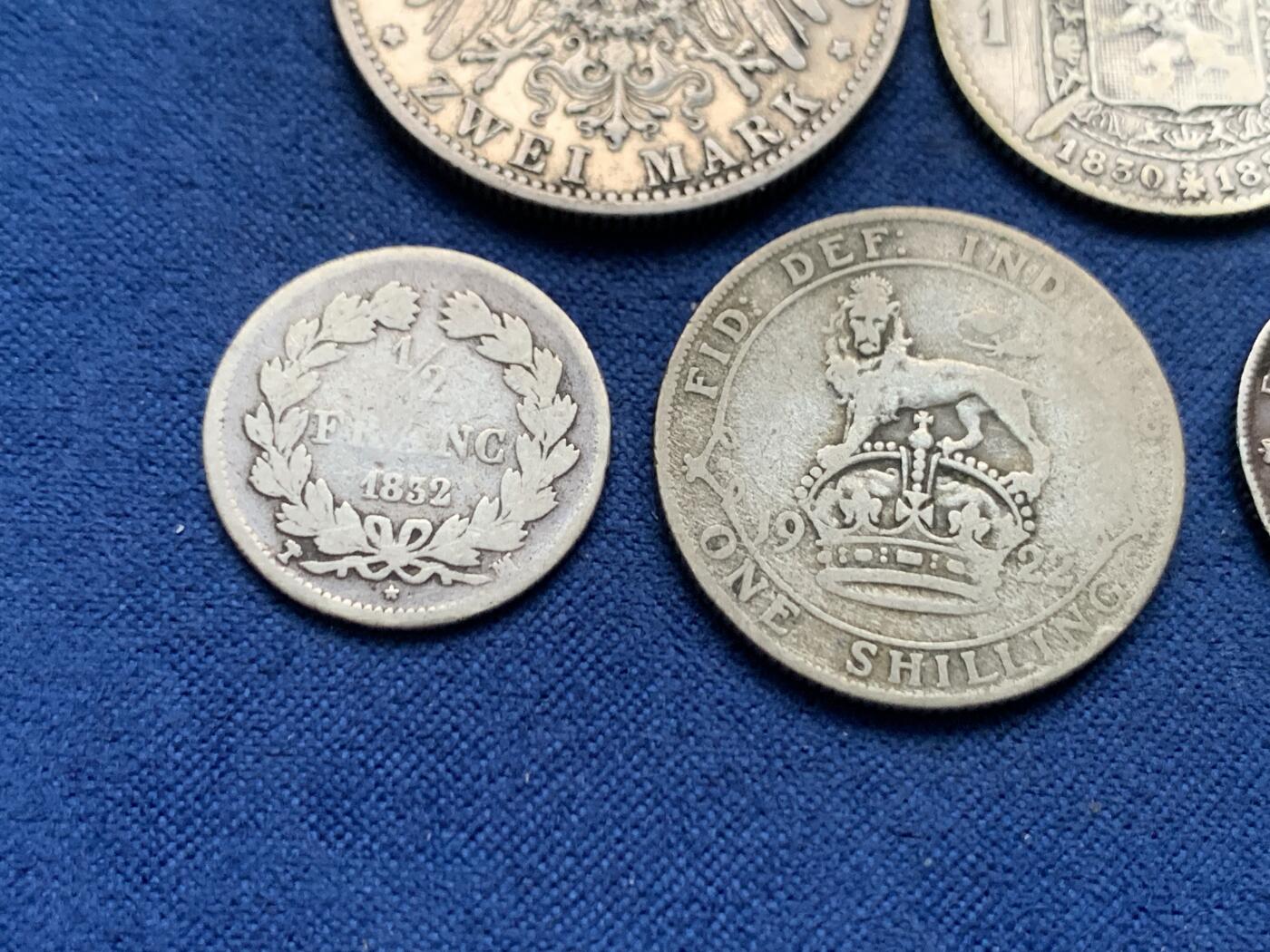 《竞宝斋》第464场 周日，周一，周二，3场连拍 （全场包邮）欢迎送拍 五枚一组 德国2马克+比利时1法郎+英国1先令+法国半法郎+英国6便士