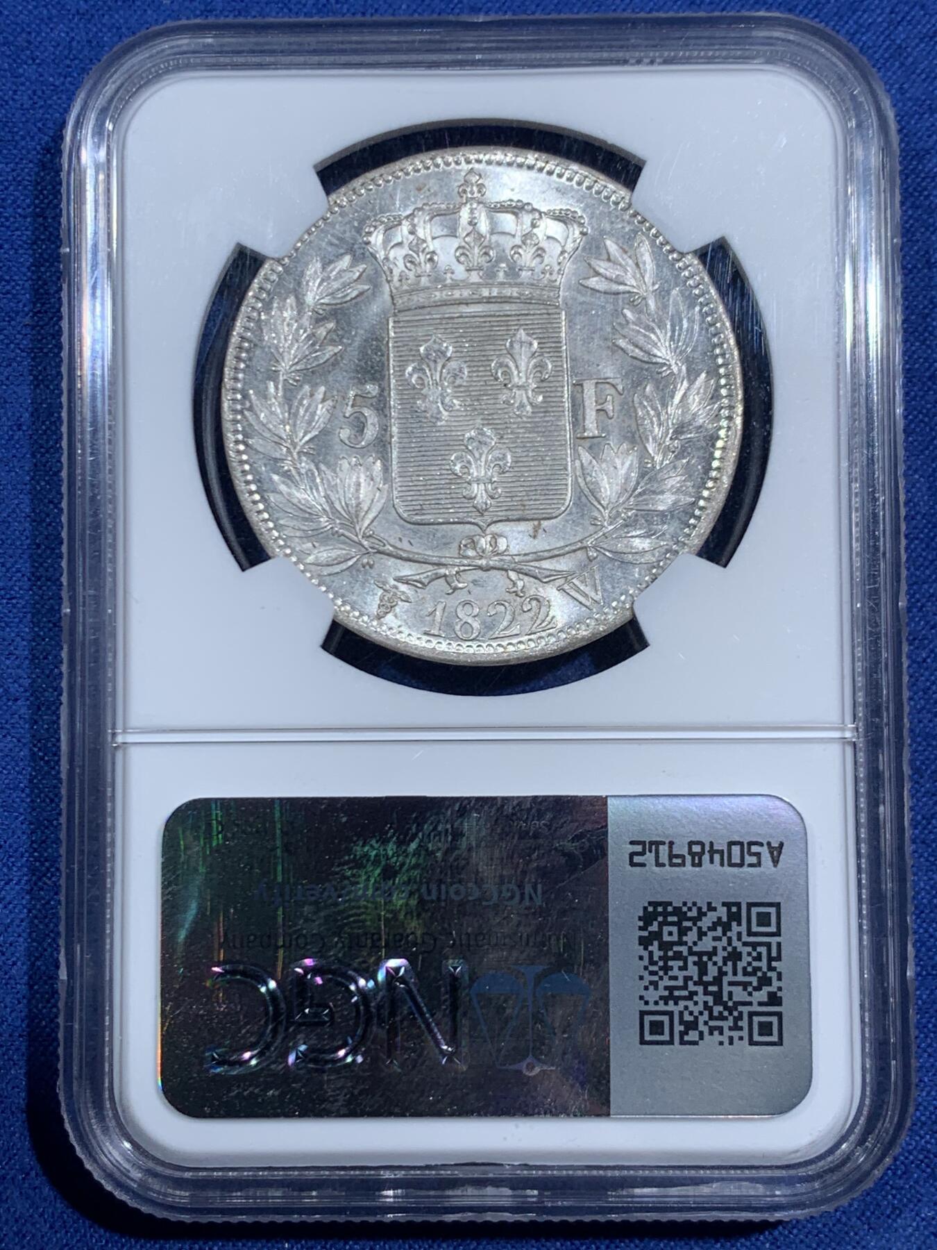 《竞宝斋》第464场 周日，周一，周二，3场连拍 （全场包邮）欢迎送拍 NGC MS62 法国1822年W厂路易十八5法郎银币，原色银光，里尔造币厂