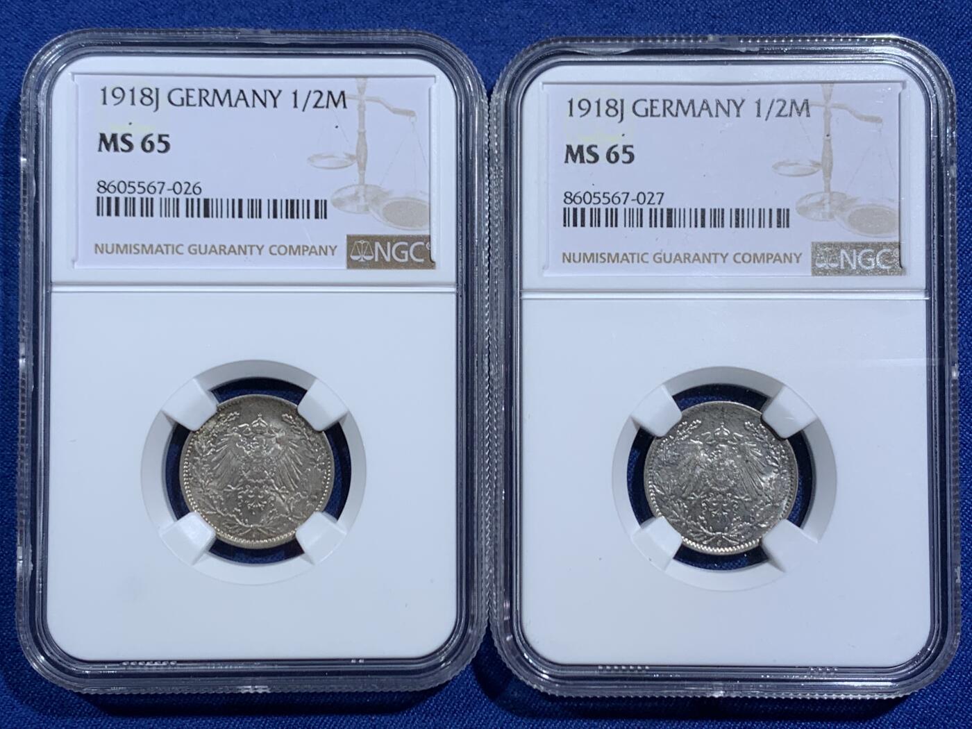 《竞宝斋》第464场 周日，周一，周二，3场连拍 （全场包邮）欢迎送拍 两枚同型号同评级 NGC MS65 德国1918年J版汉堡造币厂德国1/2马克 银币 高分品相