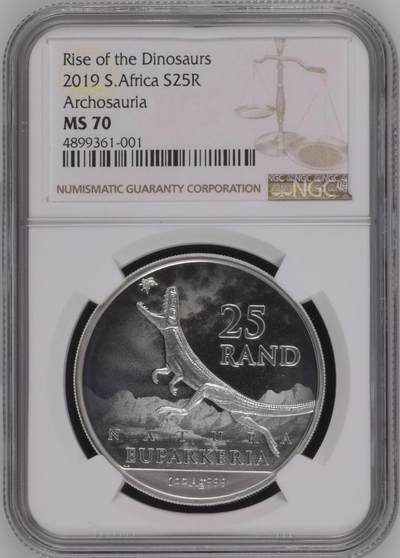 S&S Numismatic世界钱币-拍卖 第120期  - 南非2019年 恐龙系列-古代祖龙-派克鳄 25兰特纪念银币 31.1克999银 NGC MS70冠军分
