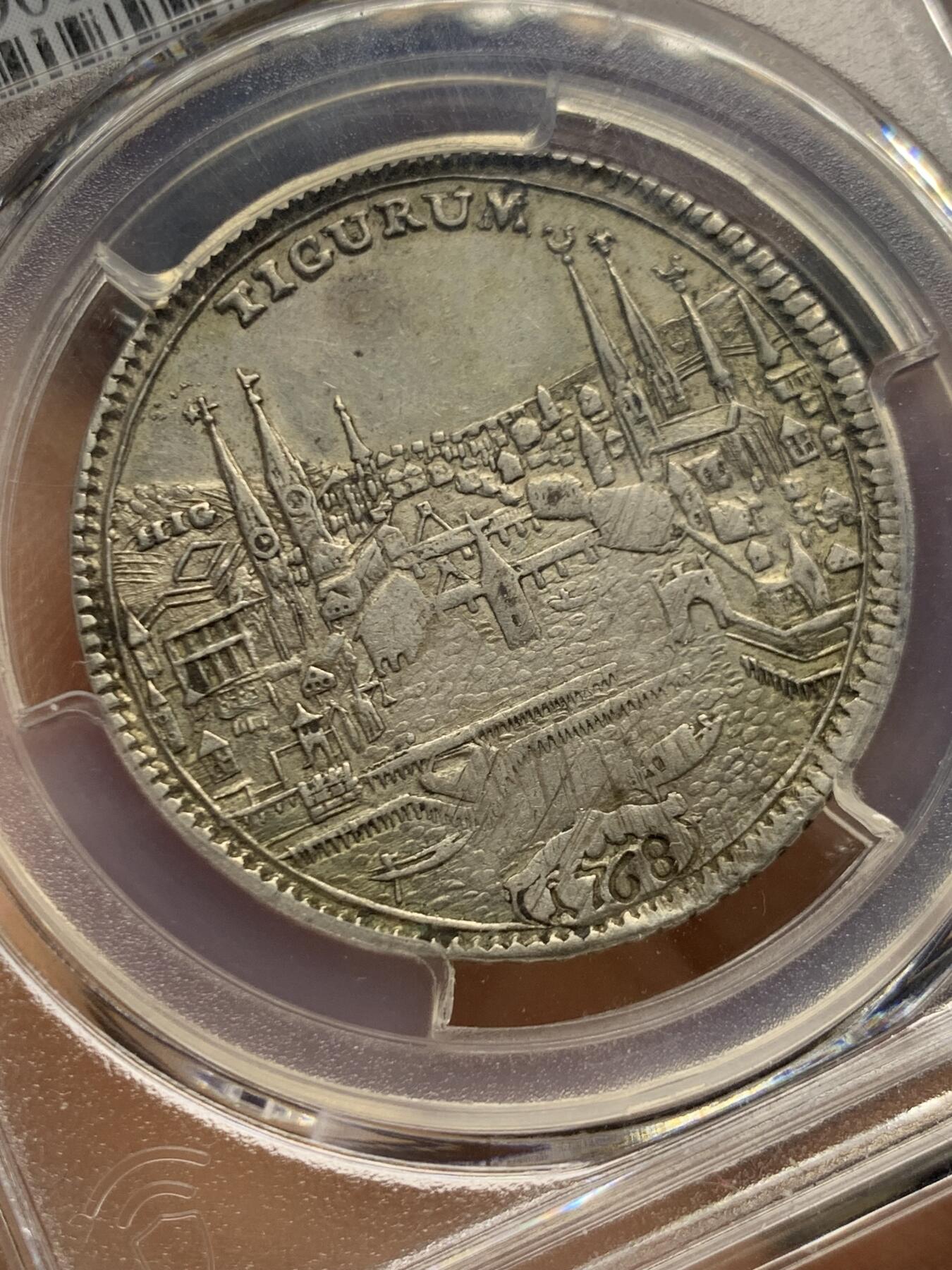 《竞宝斋》第464场 周日，周一，周二，3场连拍 （全场包邮）欢迎送拍 PCGS AU53 瑞士联邦1768年苏黎世城市景观1/2泰勒 瑞士景观泰勒名品之一 苏黎世城市象征雄狮持剑威武 原味好状态