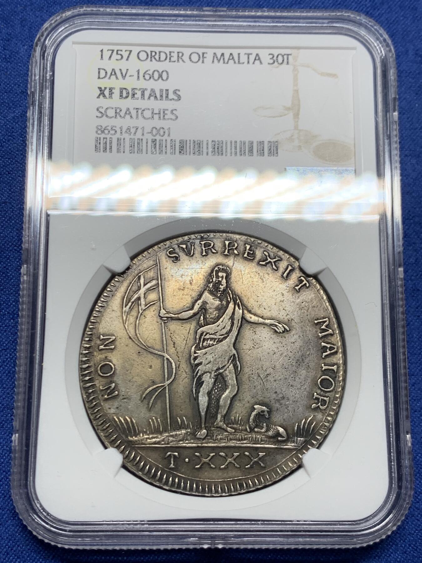 《竞宝斋》第464场 周日，周一，周二，3场连拍 （全场包邮）欢迎送拍 NGC XFD 马耳他骑士团（医院骑士团） 1757年 30塔里 银币 该类型最大面值  传世黑包浆 打制很好 稀少品种