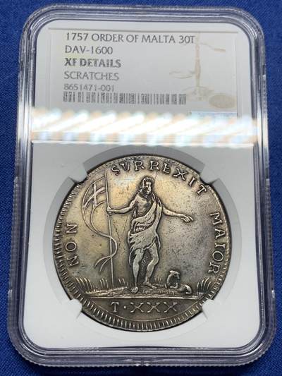 《竞宝斋》第464场 周日，周一，周二，3场连拍 （全场包邮）欢迎送拍 - NGC XFD 马耳他骑士团（医院骑士团） 1757年 30塔里 银币 该类型最大面值  传世黑包浆 打制很好 稀少品种