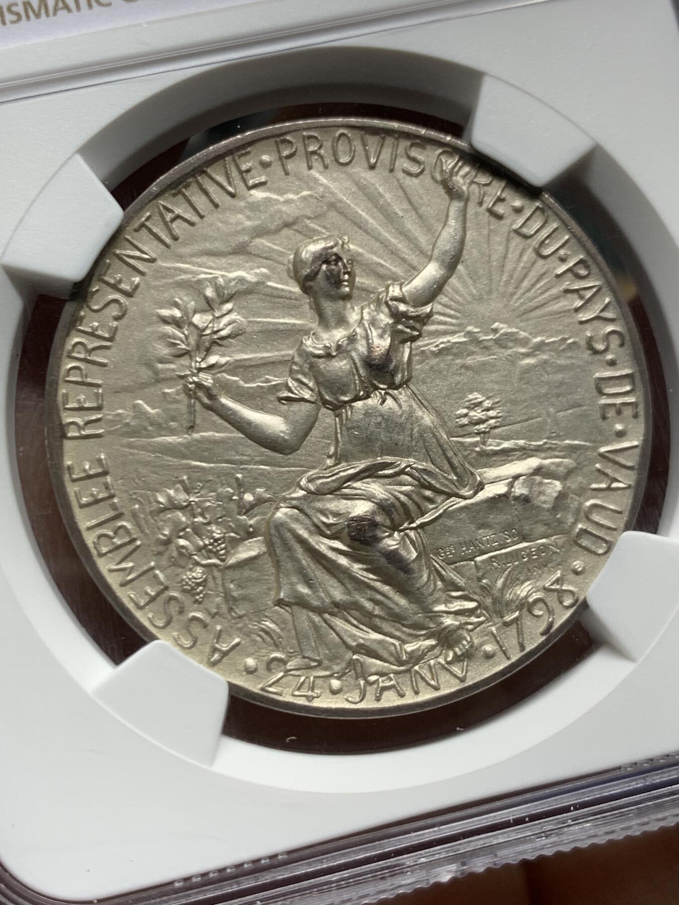 《竞宝斋》第464场 周日，周一，周二，3场连拍 （全场包邮）欢迎送拍 NGC MS63 瑞士1897年沃州独立一百周年纪念银章