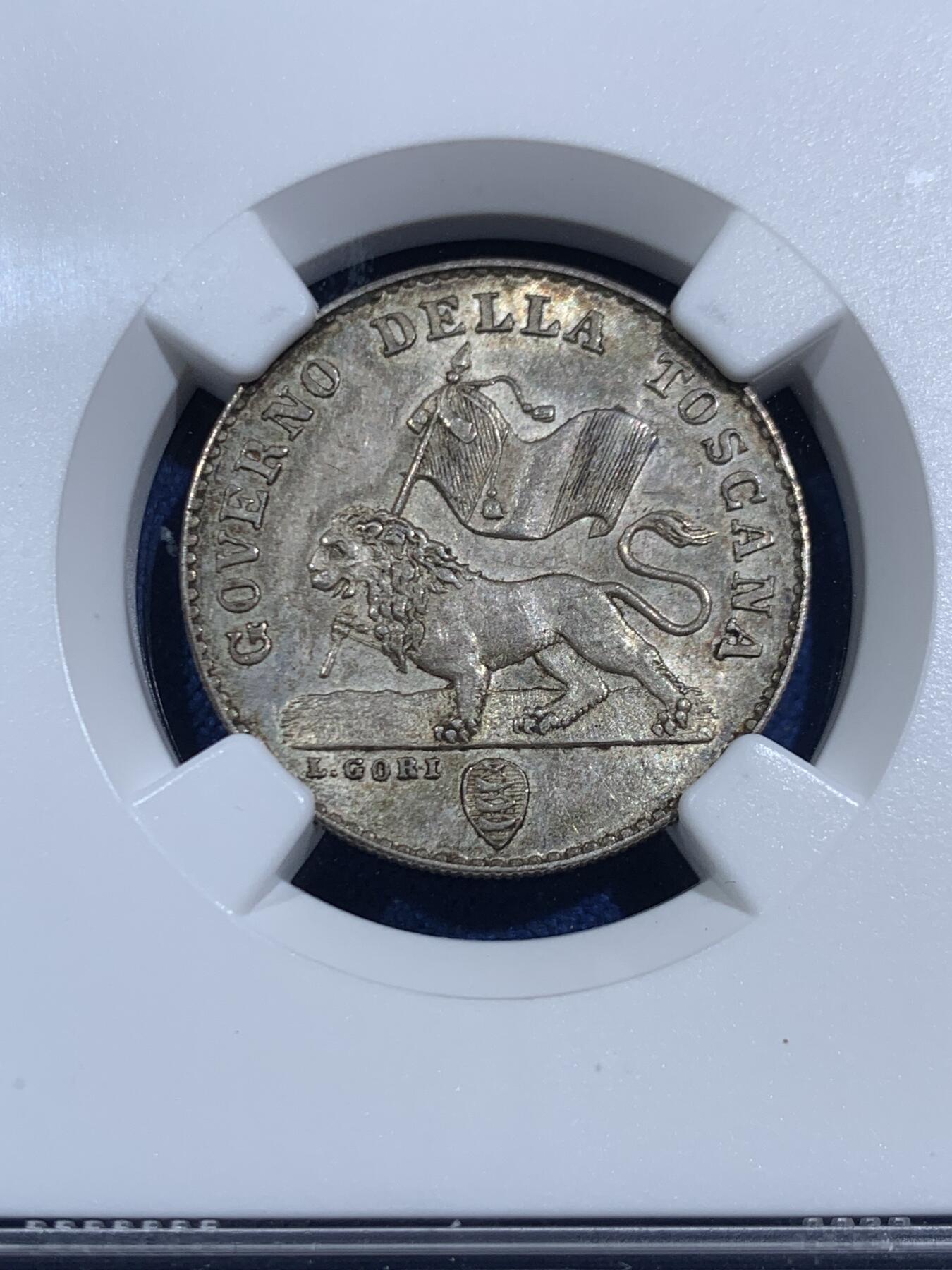 《竞宝斋》第464场 周日，周一，周二，3场连拍 （全场包邮）欢迎送拍 NGC MS62+意大利 1859 托斯卡纳1 forin 银币 临时政府发行的唯一银币