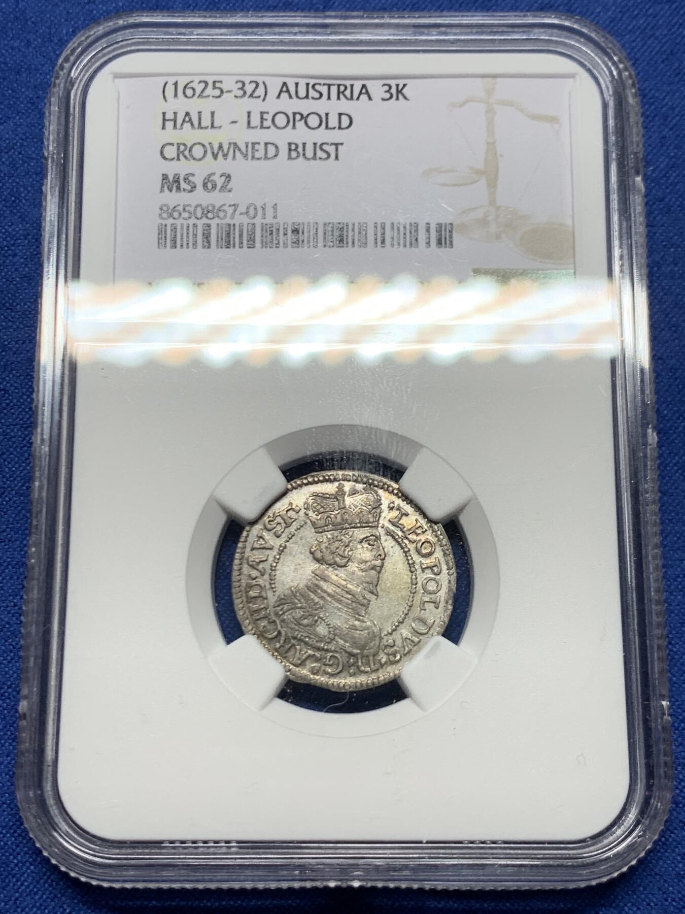 《竞宝斋》第464场 周日，周一，周二，3场连拍 （全场包邮）欢迎送拍 NGC MS62 德国 1625-1632年 神罗帝国 奥地利 3k 银币 早期年份打制银币，有分好品相少见