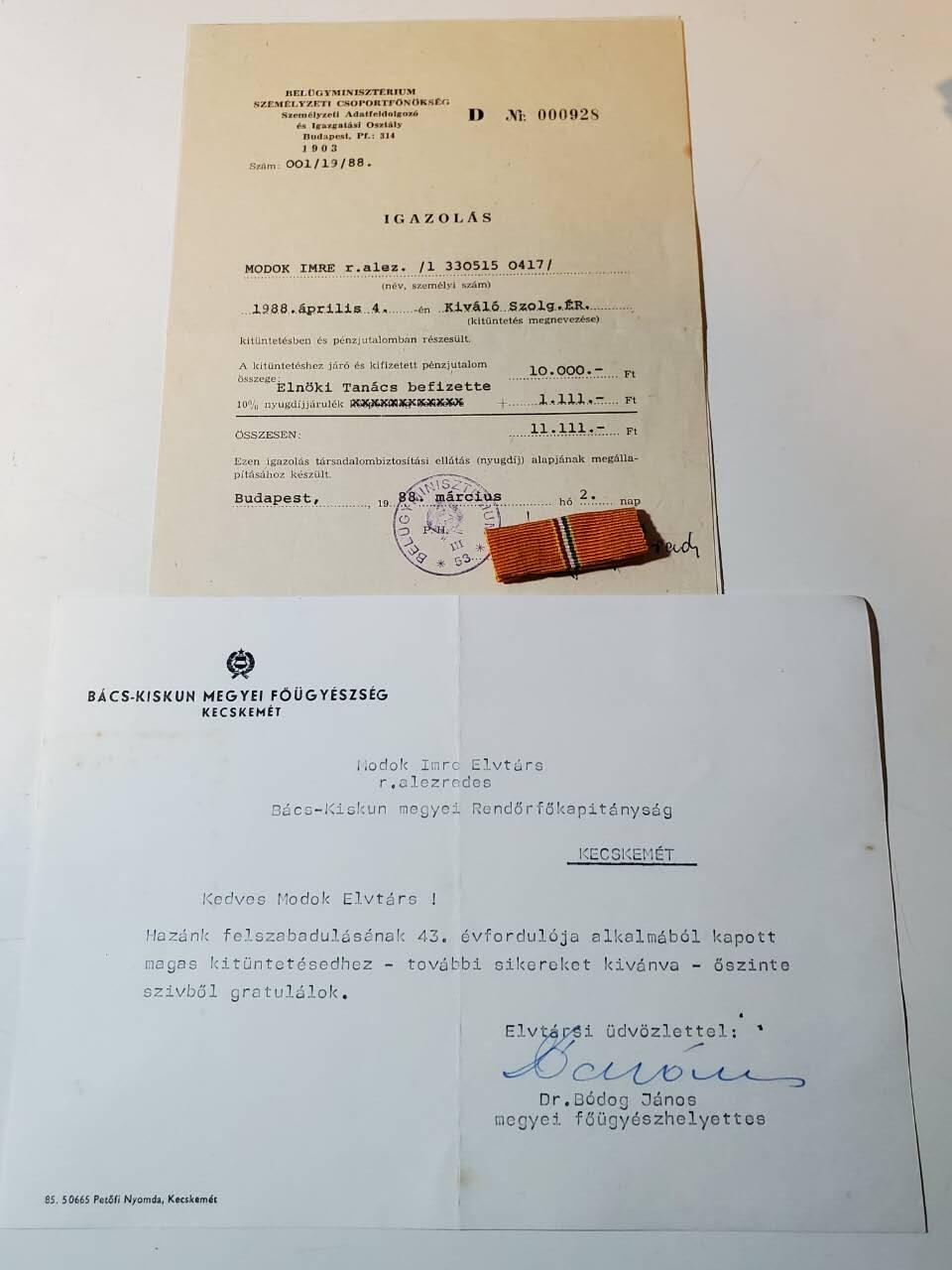 韵星假日军品类拍卖第三十九期暨默多克中校夫妇专场 -- Rimey Holidays Militaria Auction 39 & The Modoks Collection  匈牙利人民共和国默多克中校祖国解放43年内务部表彰信，卓越服务表彰证书