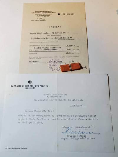 韵星假日军品类拍卖第三十九期暨默多克中校夫妇专场 -- Rimey Holidays Militaria Auction 39 & The Modoks Collection  - 匈牙利人民共和国默多克中校祖国解放43年内务部表彰信，卓越服务表彰证书