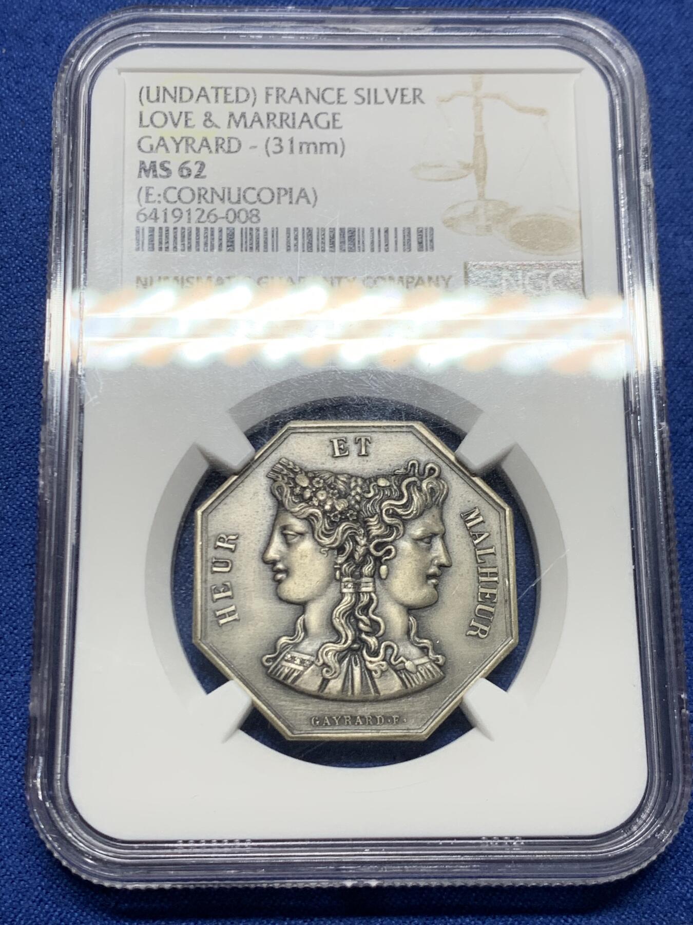 《竞宝斋》第464场 周日，周一，周二，3场连拍 （全场包邮）欢迎送拍 NGC MS62 法国双面神“幸与不幸”八角银代币，老人老牛老树，构图细致立体