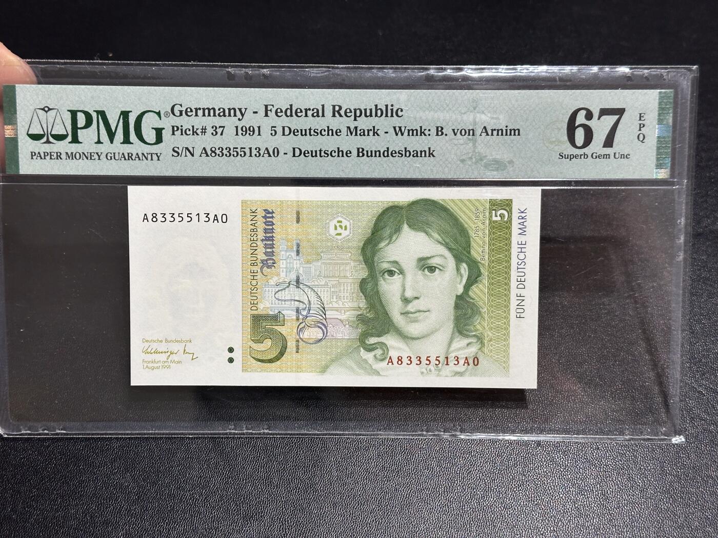 《外钞收藏家》第六百零七期（畅拍场）（本平台长期征集拍品、欢迎藏友们联系合作） 1991年德国末版5马克 PMG67 无47 AA冠