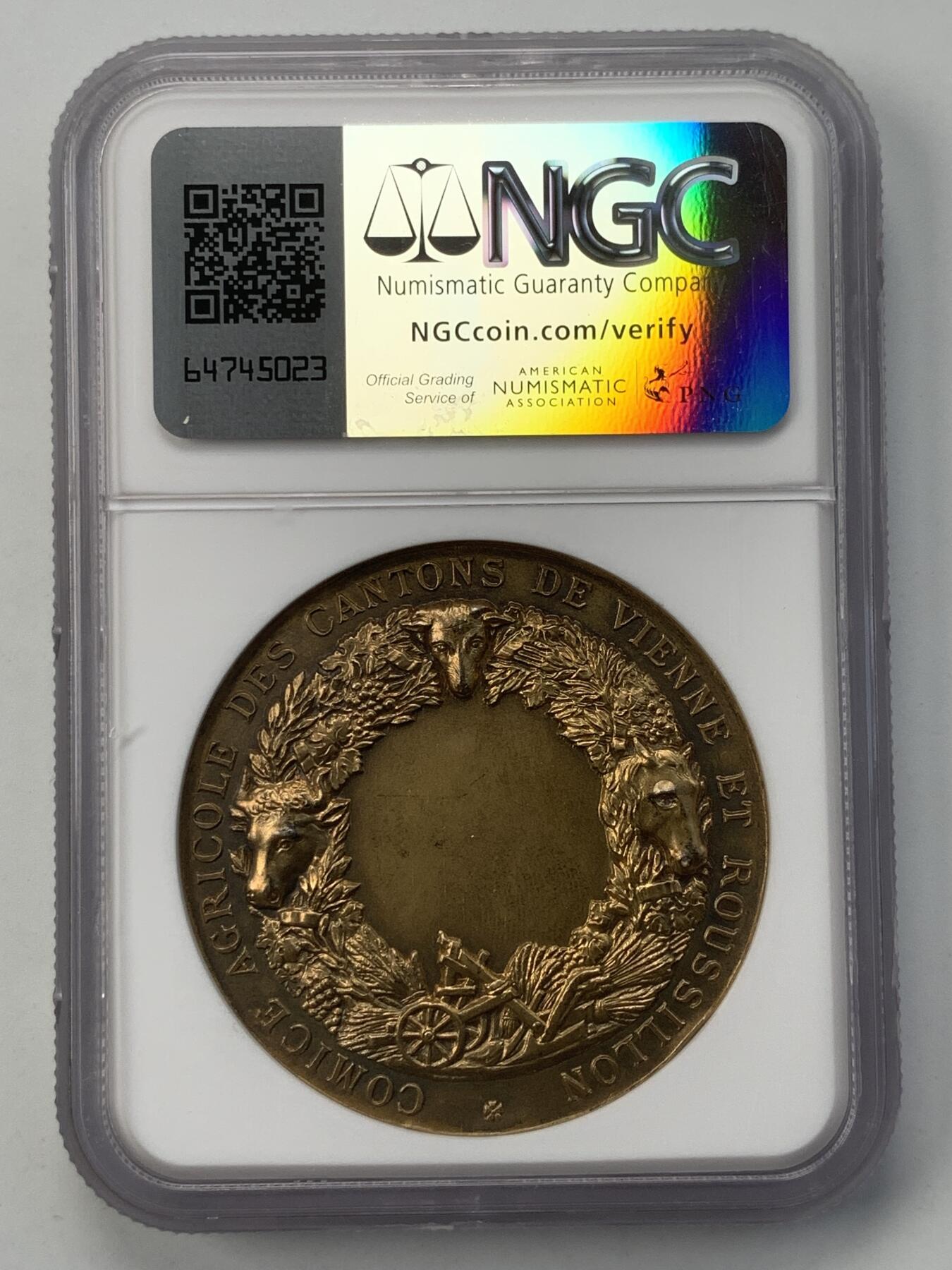 掌中浮雕-藏着的欧洲第052场 NGC MS64 : 法国农业竞赛委员会镀金银章，42mm