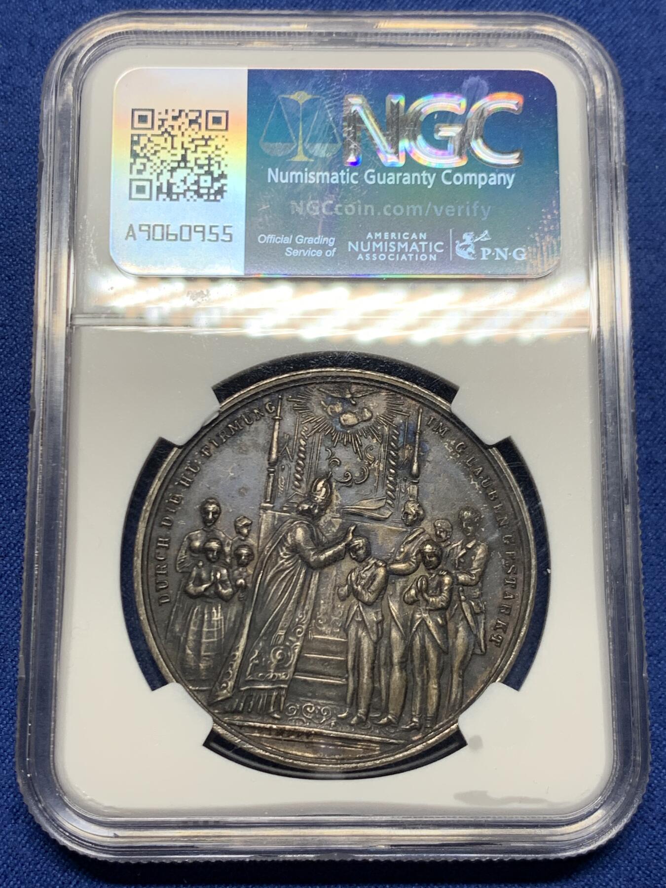 《竞宝斋》第464场 周日，周一，周二，3场连拍 （全场包邮）欢迎送拍 NGC UNC 奥地利19世纪教皇洗礼银章，UNC包浆厚给了环境污染，双面场景细节非常好
