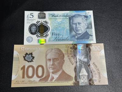 《外钞收藏家》第六百零七期（畅拍场）（本平台长期征集拍品、欢迎藏友们联系合作） - 英国查尔斯版5镑尾8靓号+加拿大塑料钞100元 2张一起 全新UNC