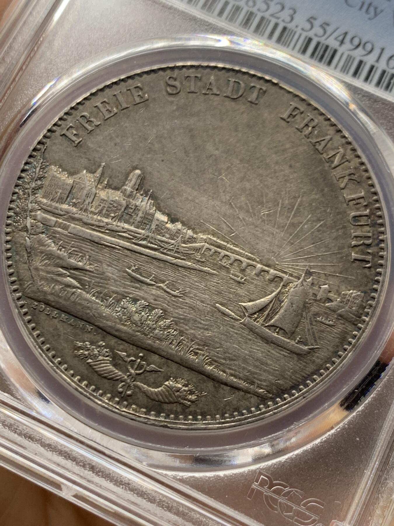 《竞宝斋》第464场 周日，周一，周二，3场连拍 （全场包邮）欢迎送拍 PCGS AU55 德国1841年法兰克福城市景观2泰勒大银币