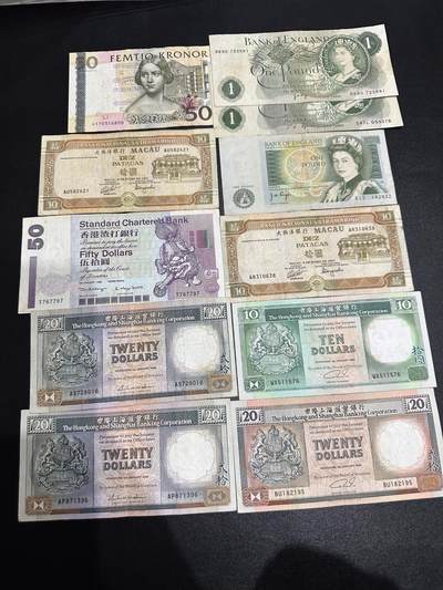 《外钞收藏家》第六百零七期（畅拍场）（本平台长期征集拍品、欢迎藏友们联系合作） - 瑞典50克朗+英国C、D序列+港币 11张一起 流通品相